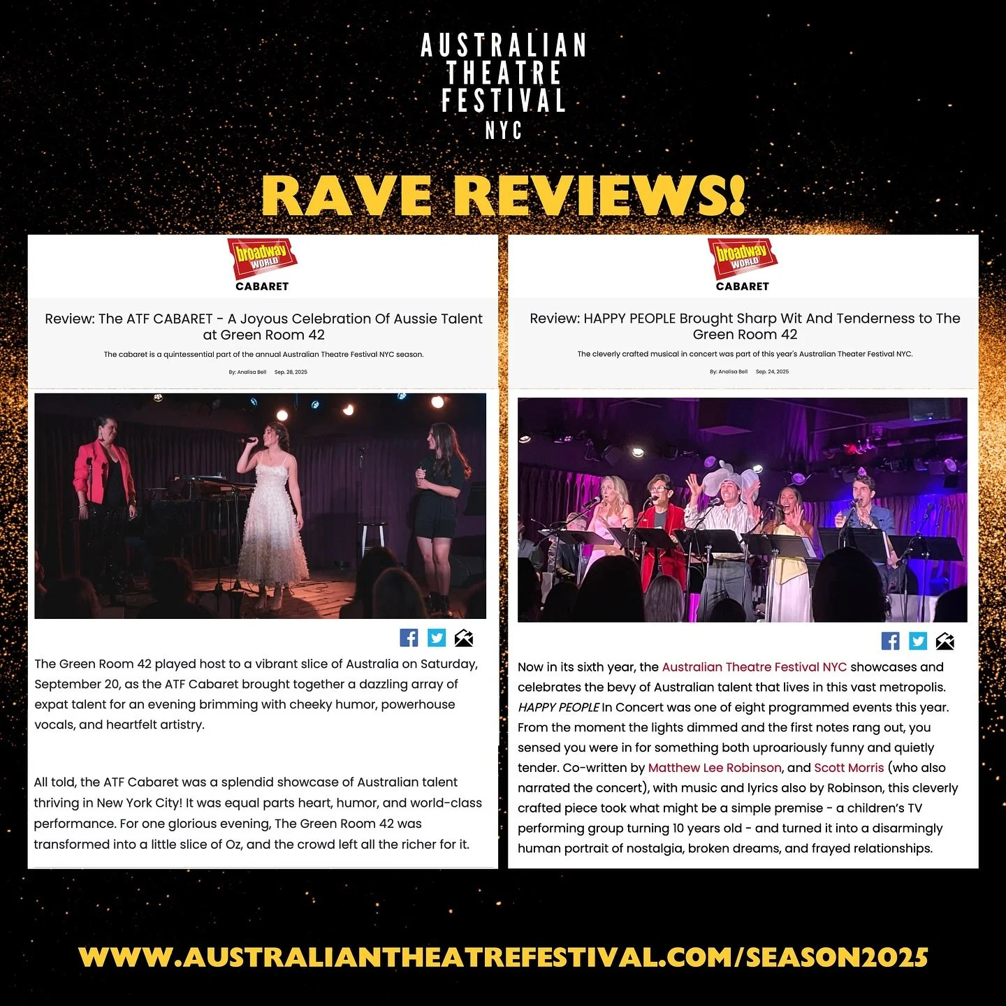 ✨RAVE REVIEWS! ✨
The Australian Theatre Festival NYC’s 2025 cabaret season lit up @thegreenroom42 with two unforgettable performances — and @officialbroadwayworld agrees!
🌟 HAPPY PEOPLE In Concert was praised for its “sharp wit a