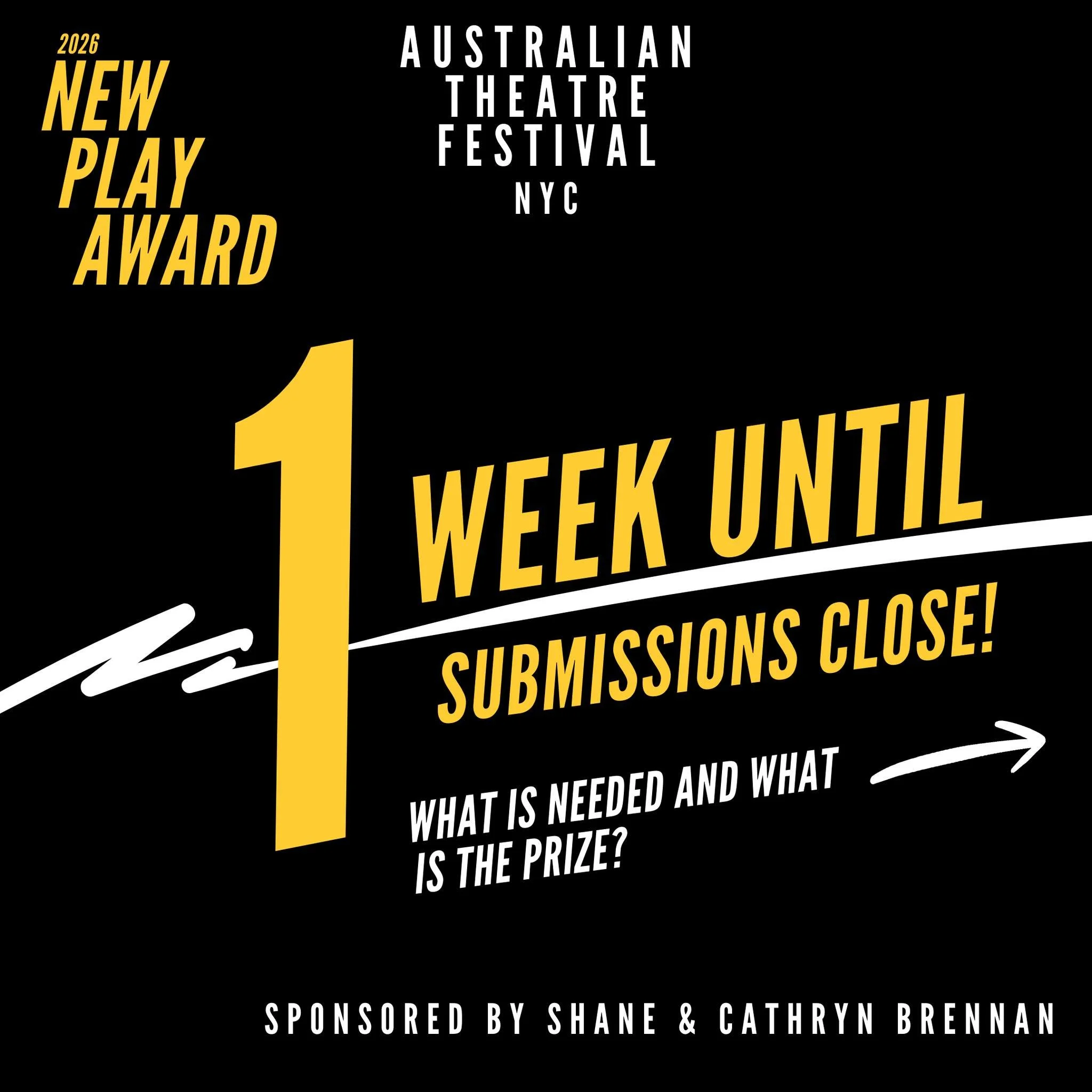 🚨ONE WEEK LEFT TO SUBMIT 🖊️ ATF 2026 New Play Award!

Are you eligible? Have you checked out the website yet?
Here's everything you need to know about the 2026 #newplayaward 

Visit www.australiantheatrefestival.com/2026newplayaward for more detail