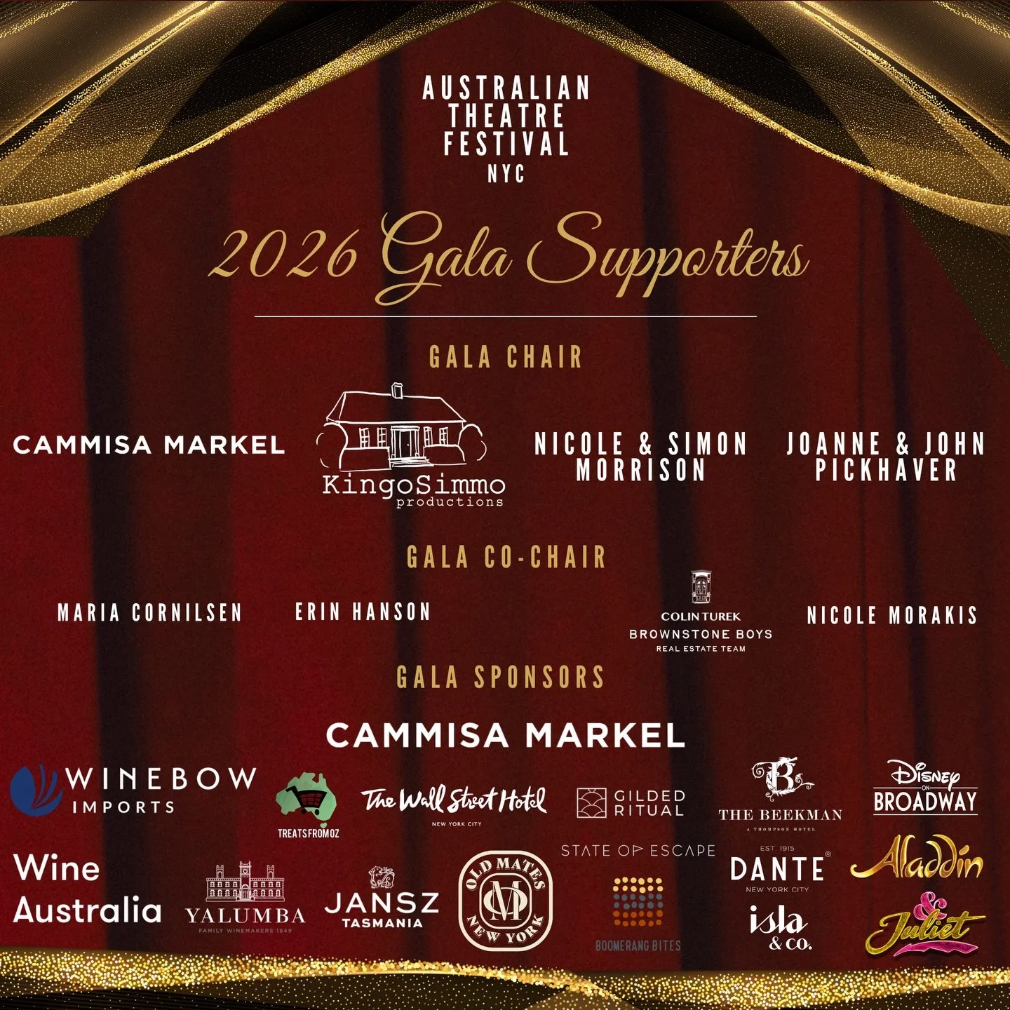 ✨ Our 2026 Spring Gala Chairs, Co-Chairs and Supporters 👏 

Thank you for your support of Australian stories &amp; artists in New York City. 👏 

📍The Australian Theatre Festival NYC 2026 Spring Gala will take place at The Players NYC on Monday May