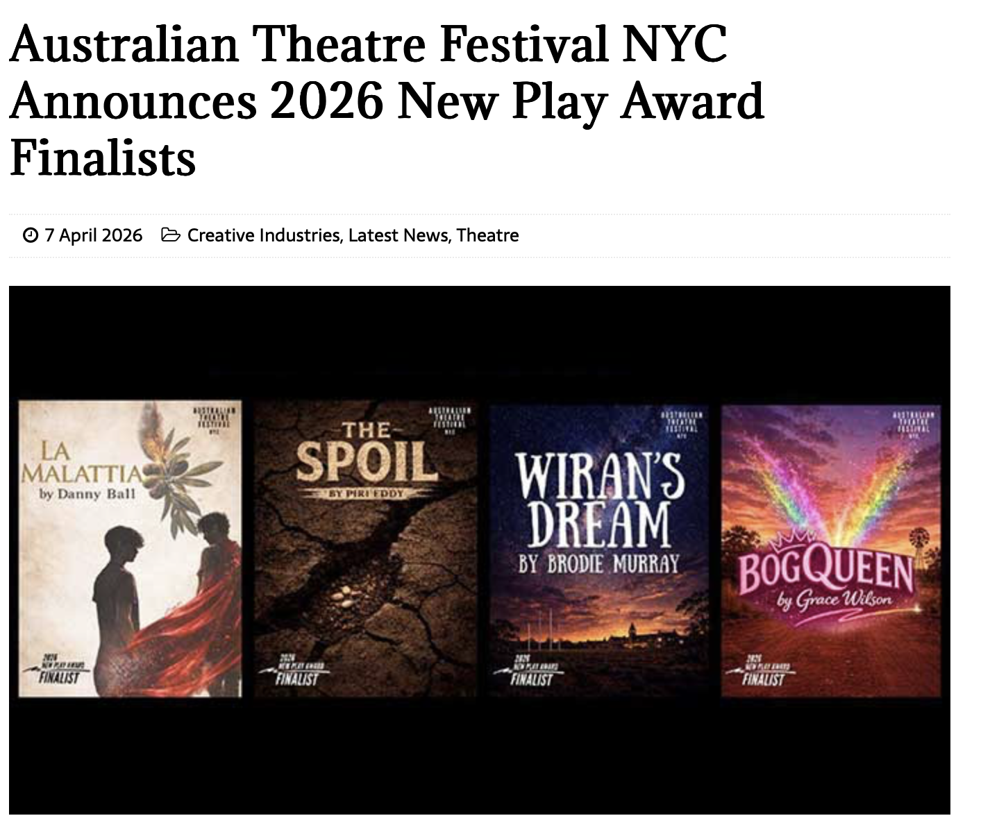 Australian Arts Review: Australian Theatre Festival NYC Announces 2026 New Play Award Finalists