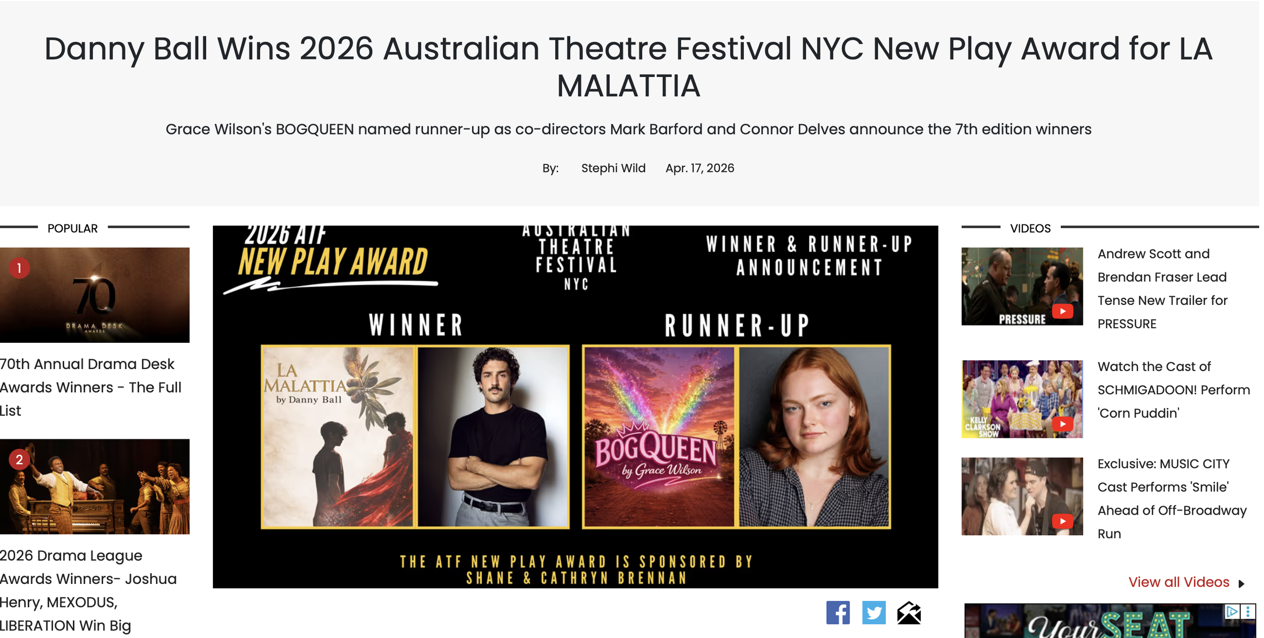 BROADWAYWORLD: Danny Ball Wins 2026 Australian Theatre Festival NYC New Play Award for LA MALATTIA