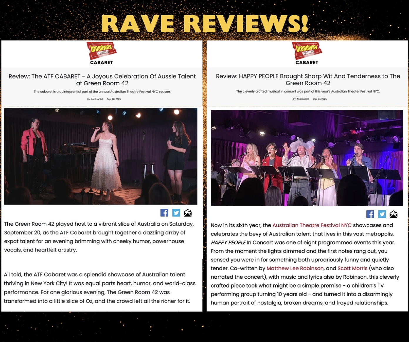 Digital screenshot of a two-page magazine review article with the headline 'RAVE REVIEWS!'. The left page features an review of 'The ATF CABARET' with a photograph of three women performing on stage, one singing into a microphone. The right page reviews 'HAPPY PEOPLE' featuring a photo of a group of people on stage, some with microphones, with purple stage lighting.