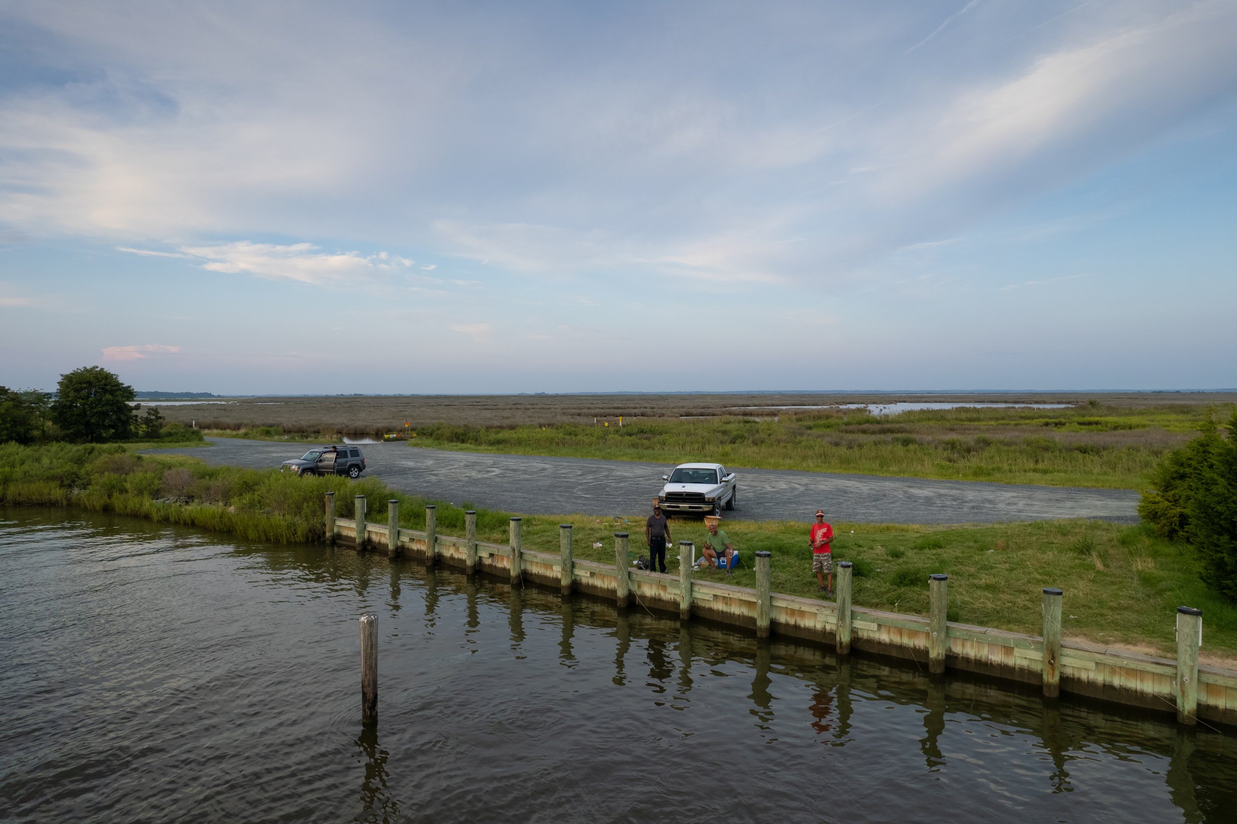 Men enjoy fishing at the end of Riley Roberts RD, Dorchester County, Maryland.