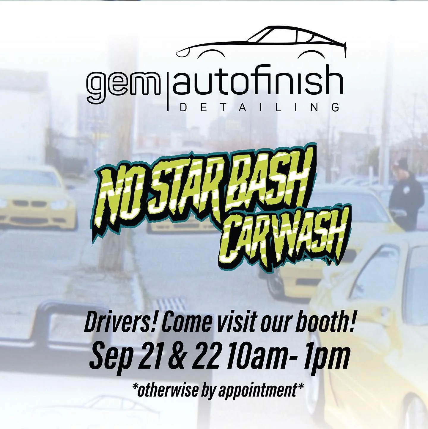 T-minus six days till @driftindy No Star Bash! Registered drivers- meet at the Gem tent Saturday and Sunday for free car washes before competition. 10am-1pm or DM us for an appointment.🧼💎