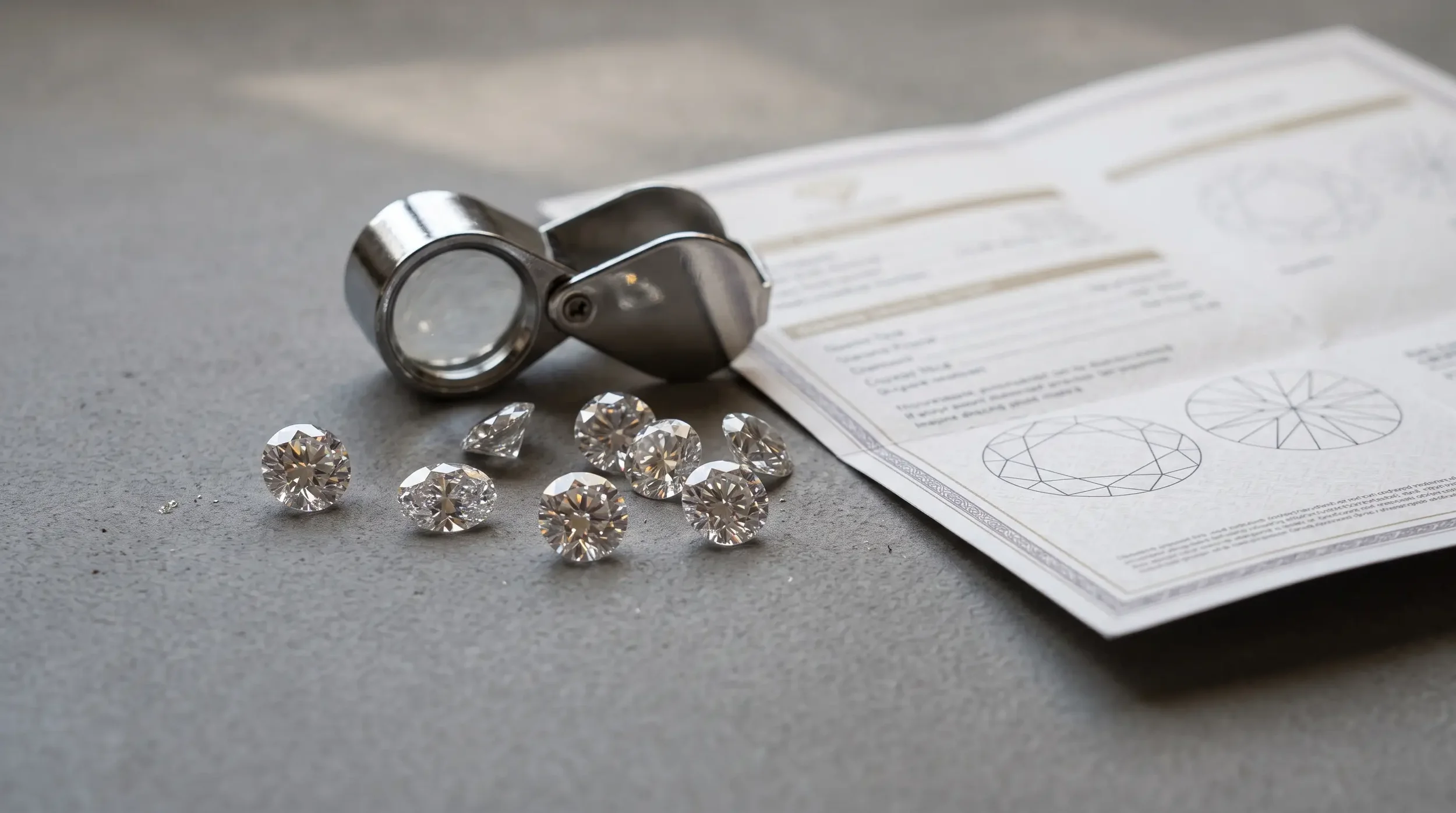 Loose lab-grown diamonds beside a jeweller's loupe and a grading report.