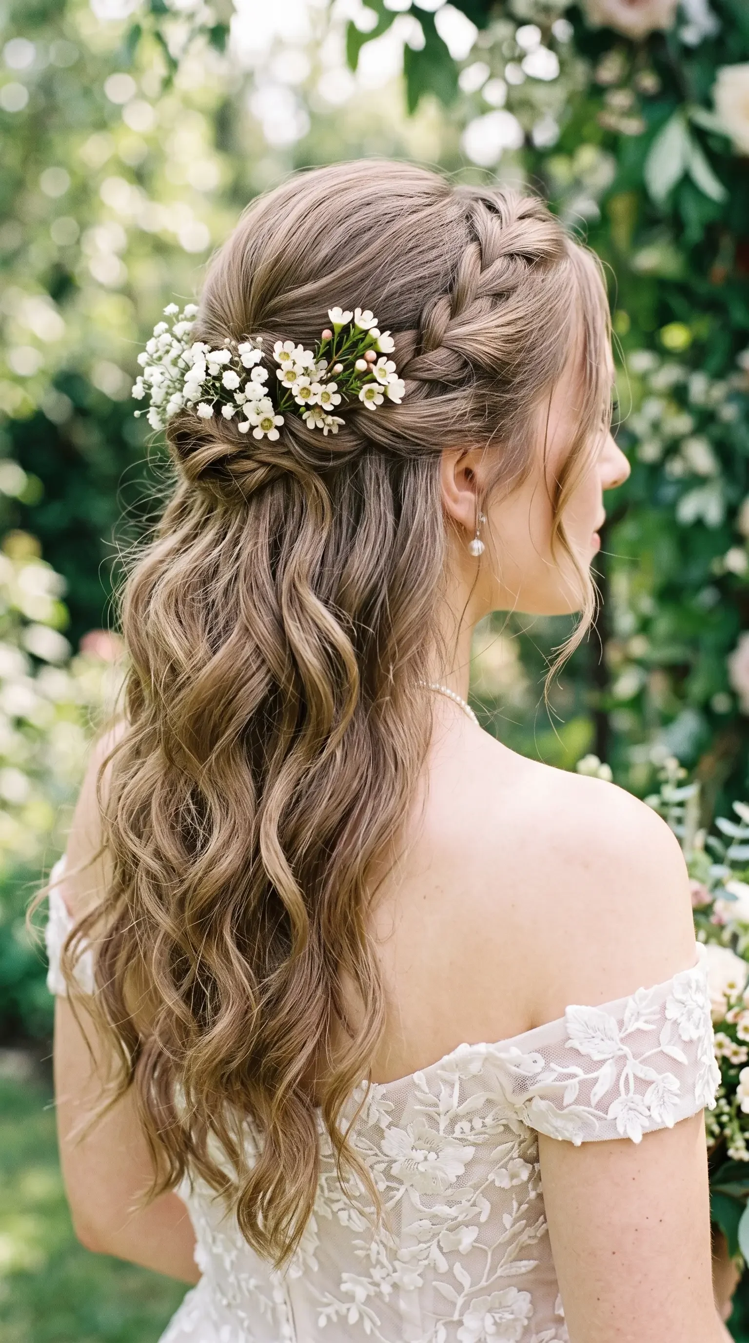 A close-up of an elegant bridal half-updo with soft waves and small white flowers.
