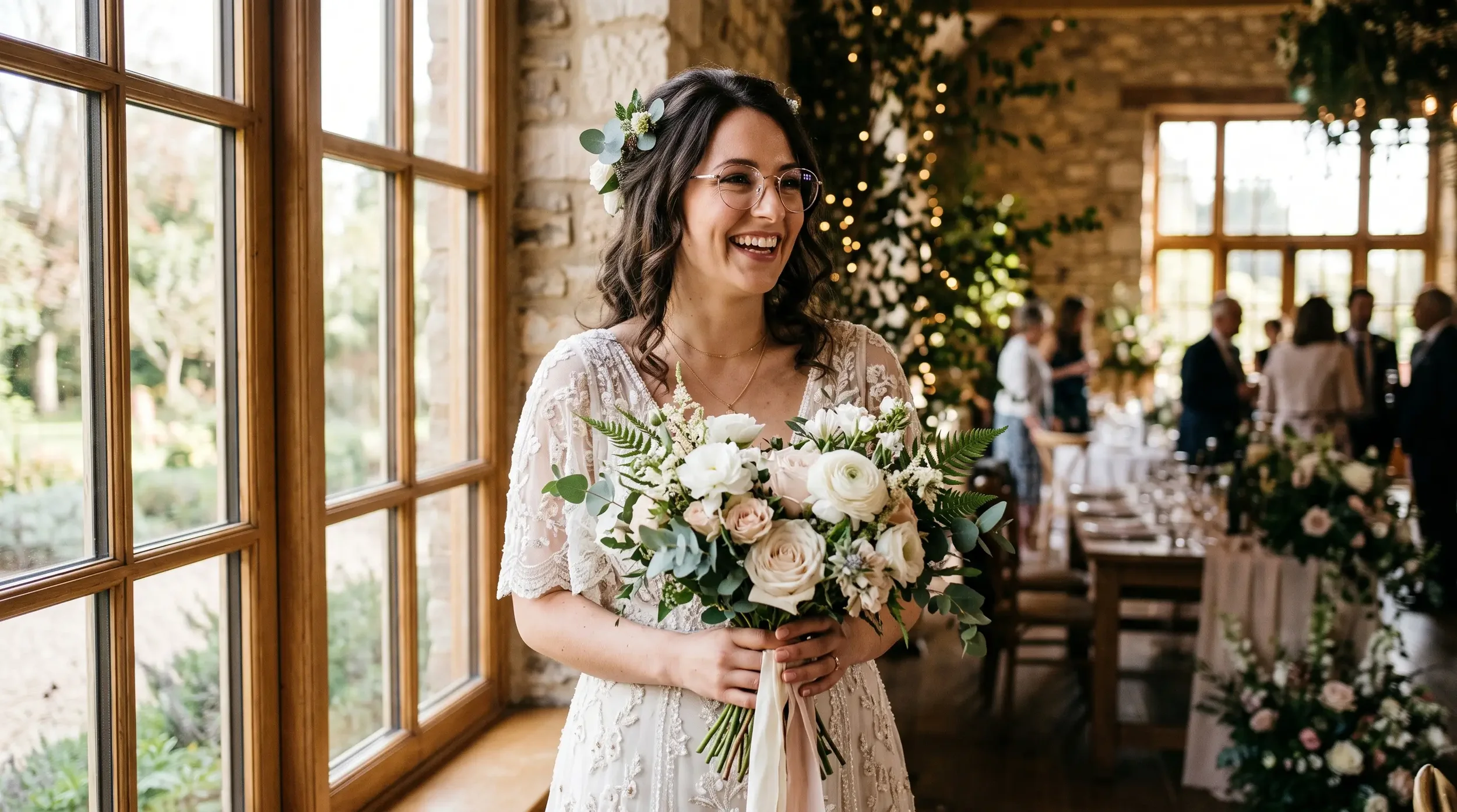 A bride wearing elegant glasses and holding a bouquet on her wedding day in soft natural light.