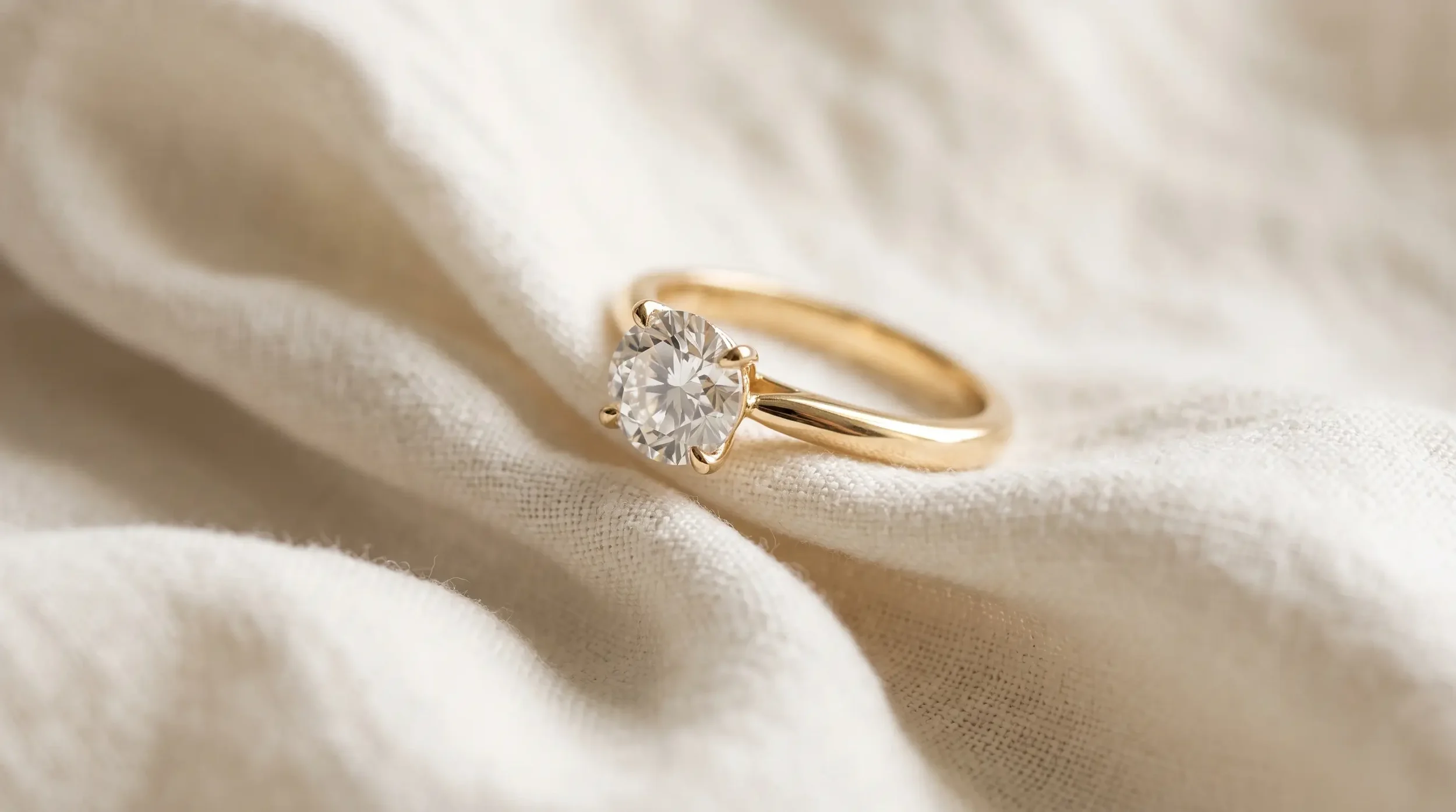 Lab-grown diamond solitaire engagement ring in yellow gold on ivory linen.