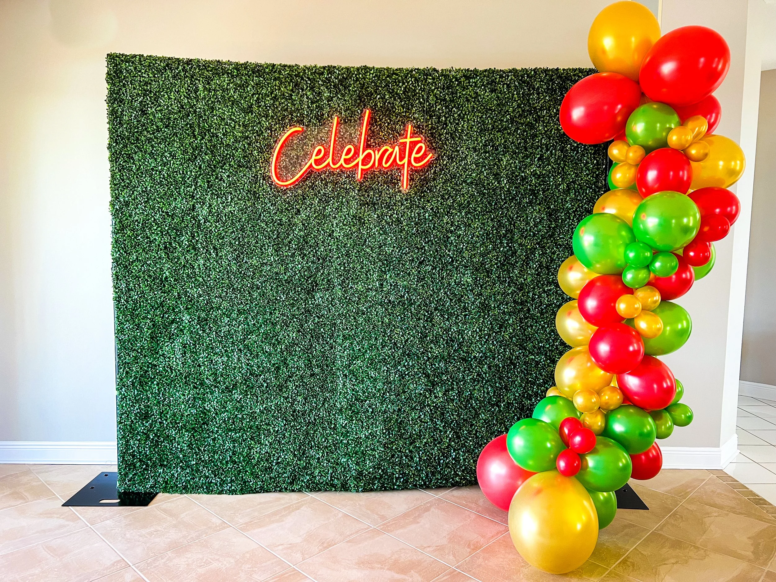 Celebrate Photo Backdrop with Custom Red Green Gold Balloon Garland