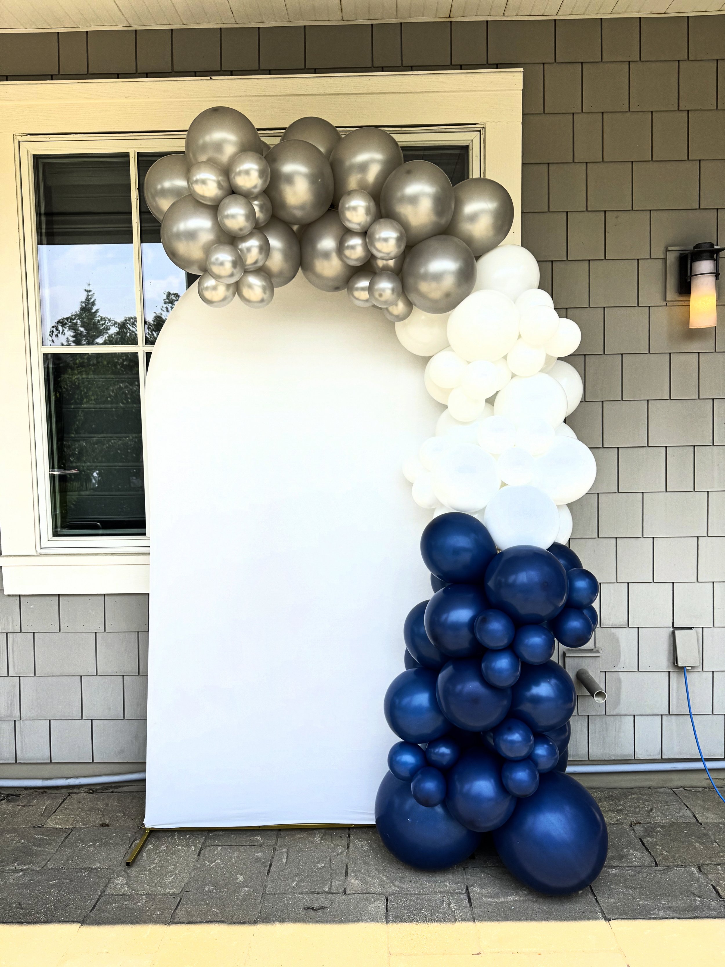 Silver, White & Blue Custom Balloon Garland & Cloth Photo Backdrop - Boxwood Rose - Naples, FL