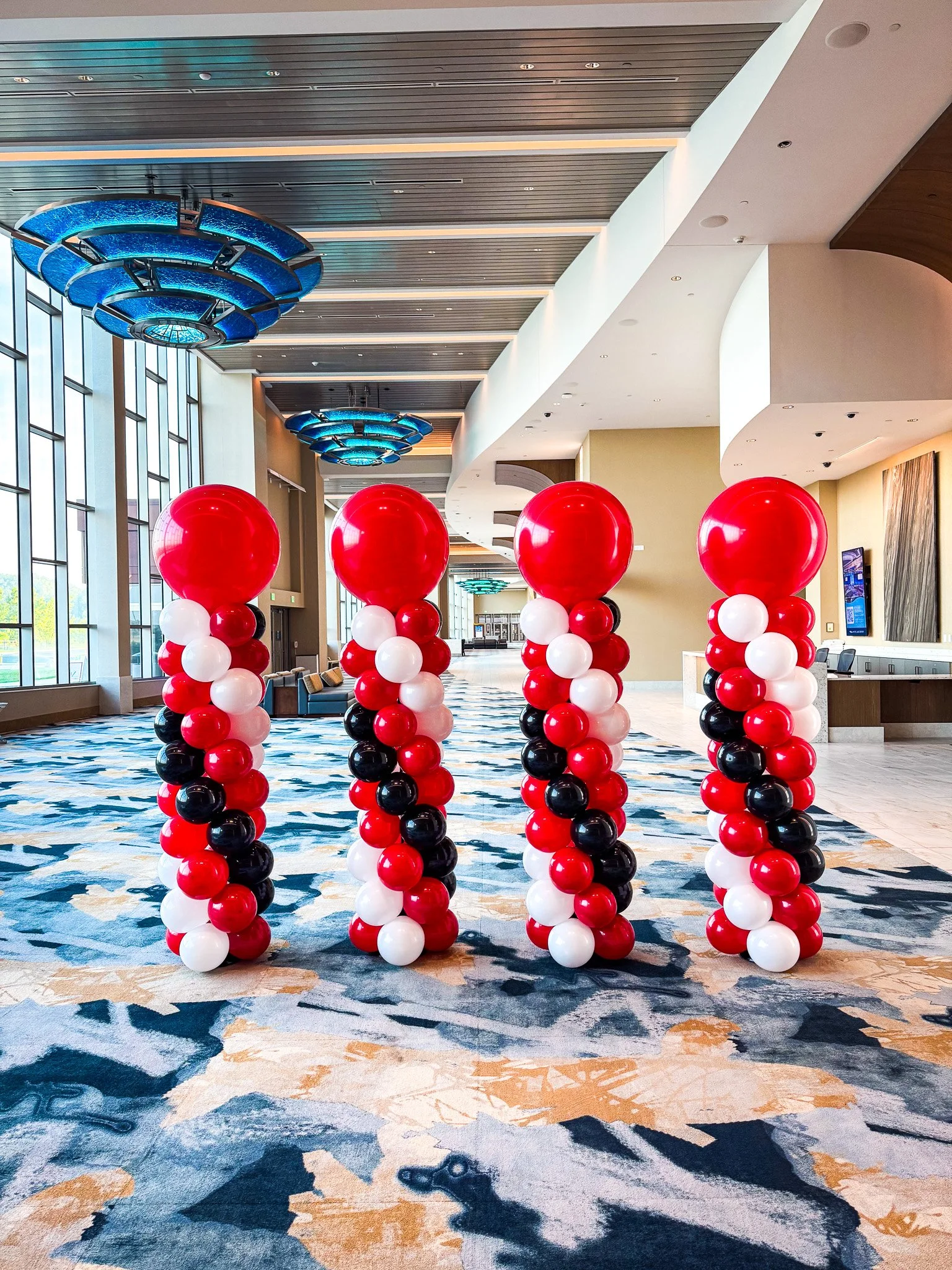 Boxwood Rose Balloon Tower in Red, White and Black
