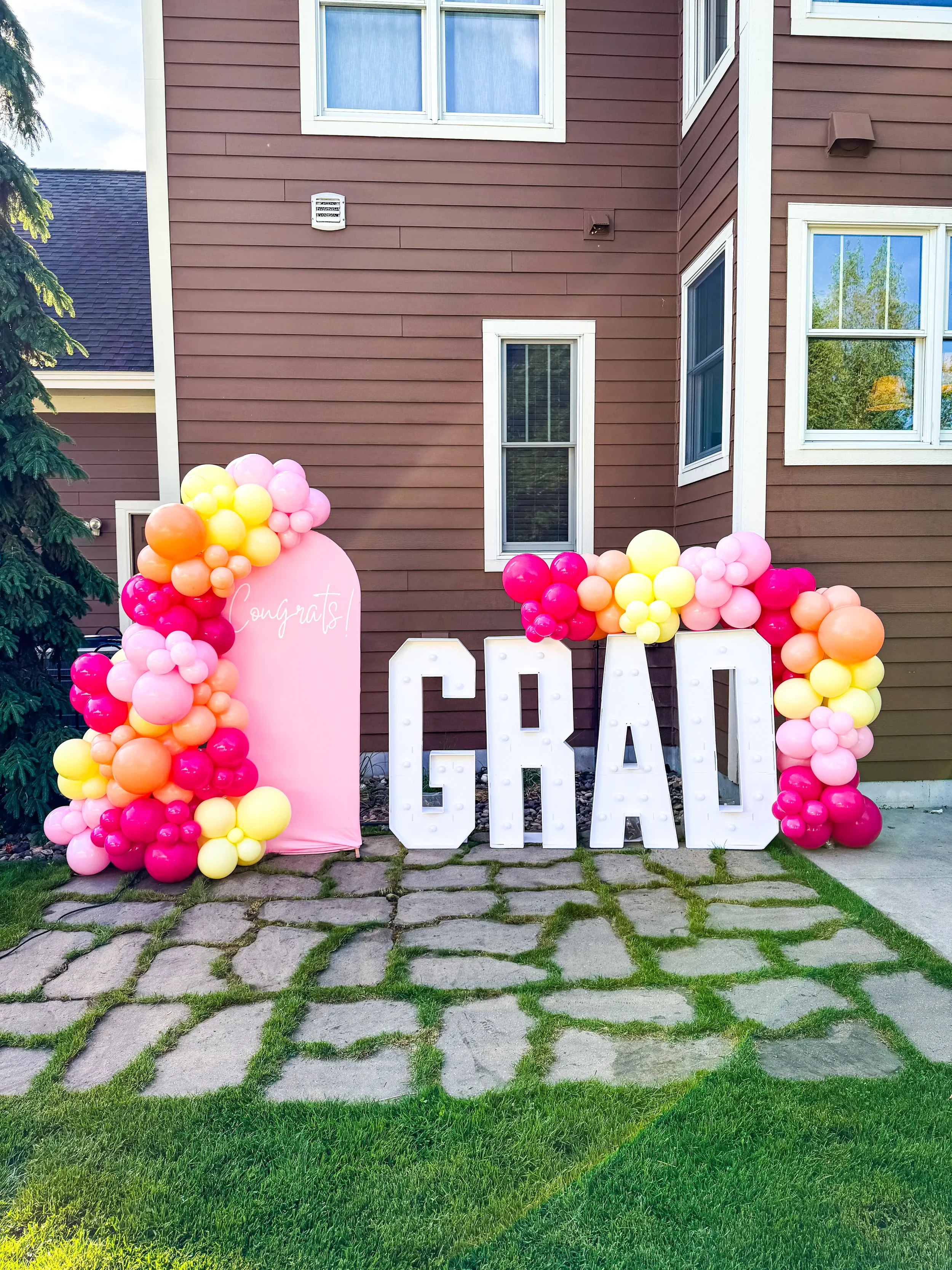 Pink & White Grad Party Backdrop & Balloons