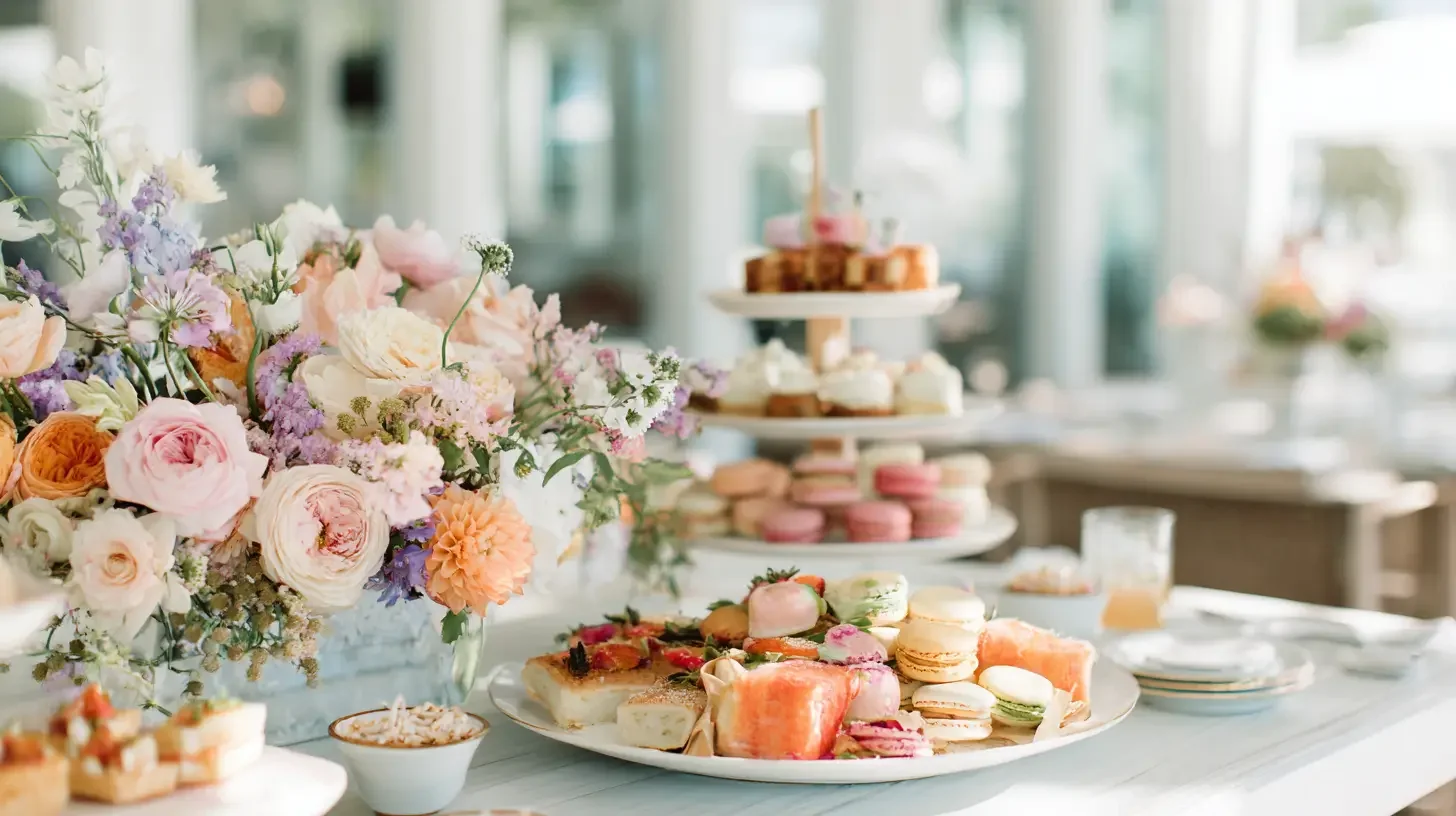Bright, sun-drenched wedding farewell brunch with pastel florals, fresh pastries, and citrus on a relaxed patio table.