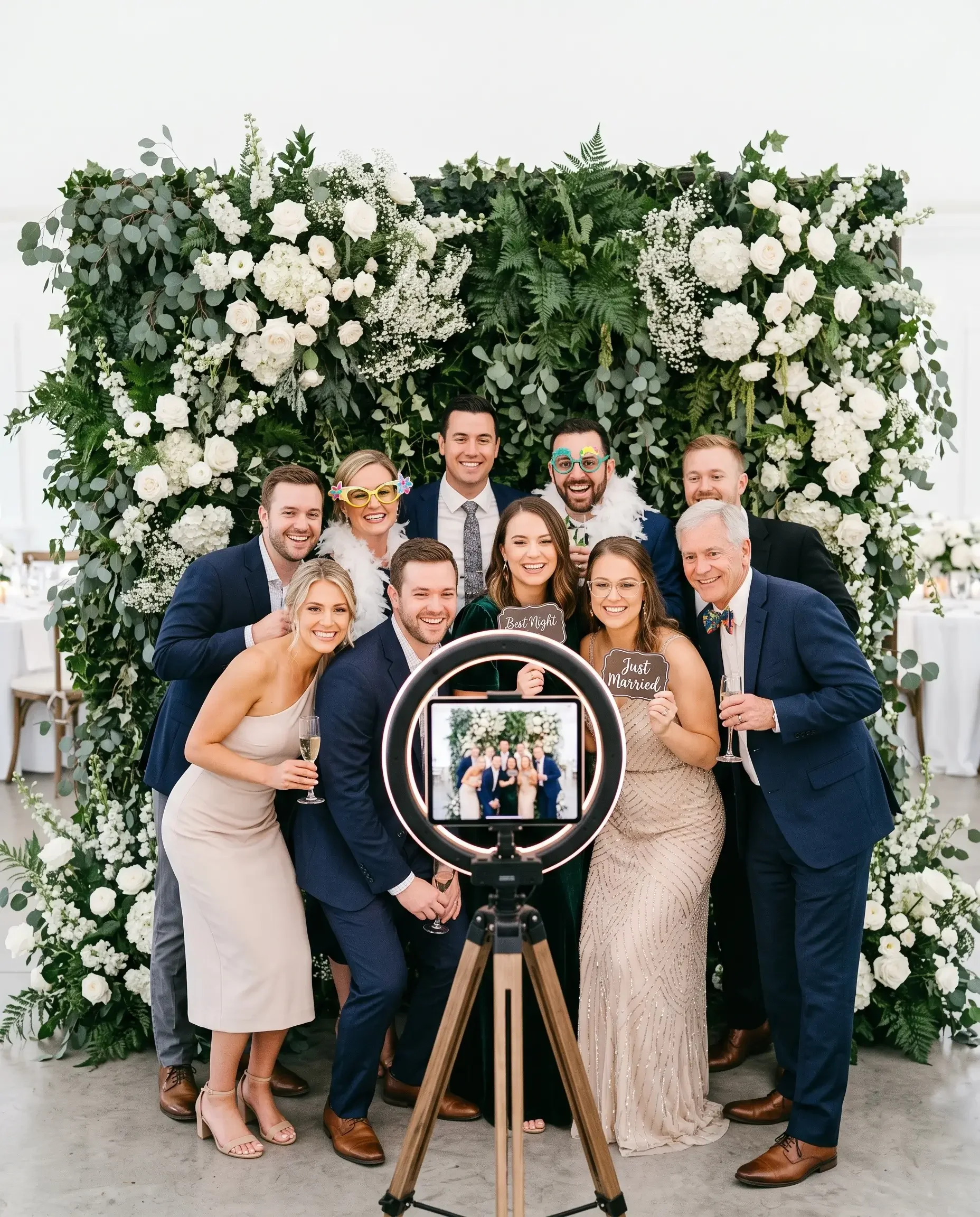 A large group framed in front of a floral photo booth backdrop, showing how much space a full group needs.