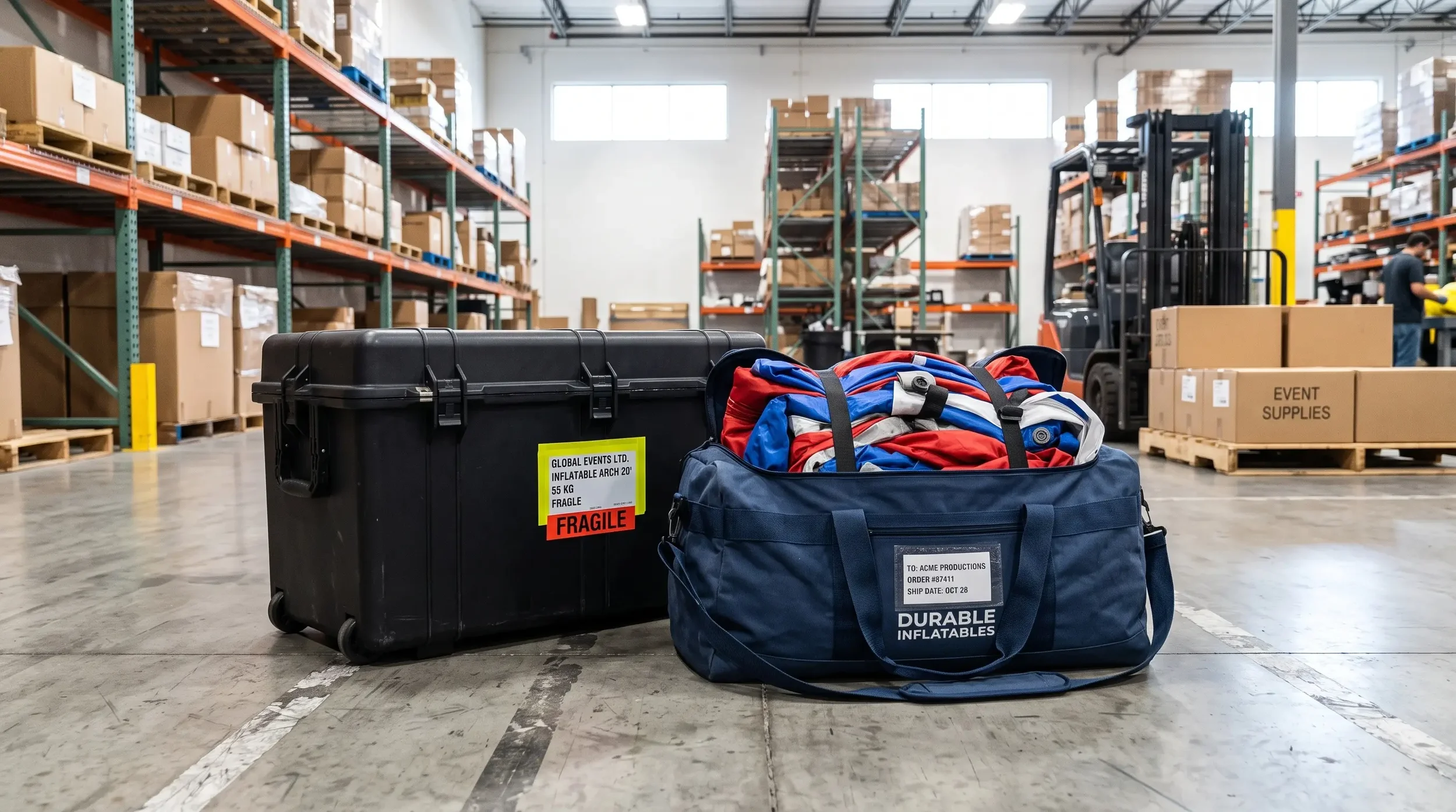 A deflated inflatable arch packed into a carrying case and bag, ready to ship.