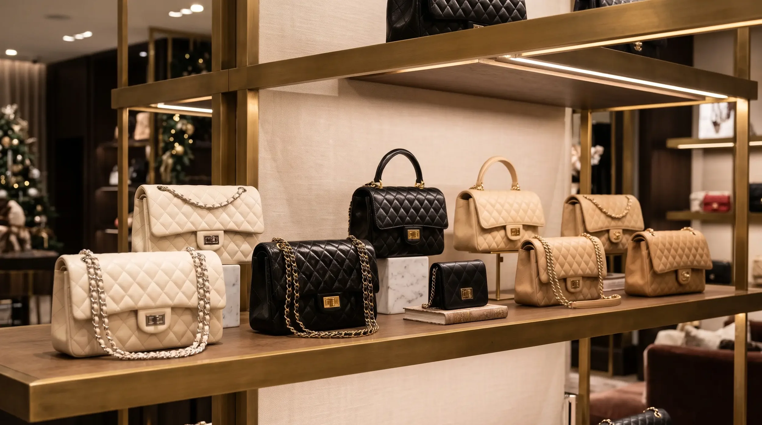 A boutique shelf of quilted luxury handbags in cream, black and beige.