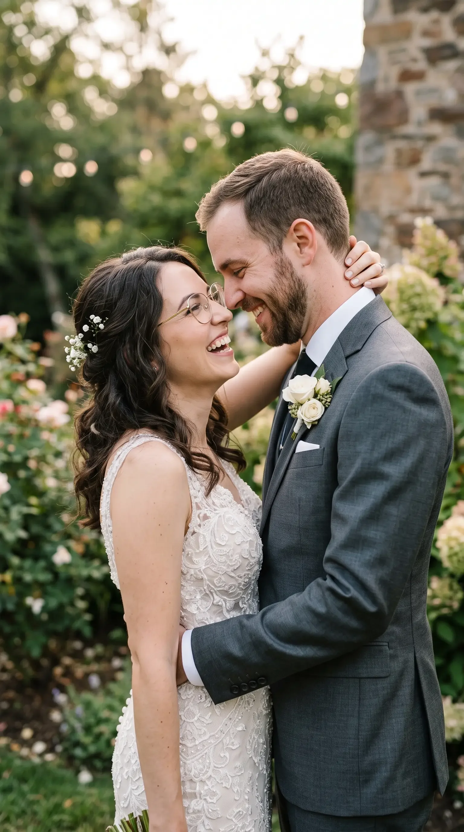 A joyful wedding portrait of a couple, one partner wearing glasses with no glare on the lenses.