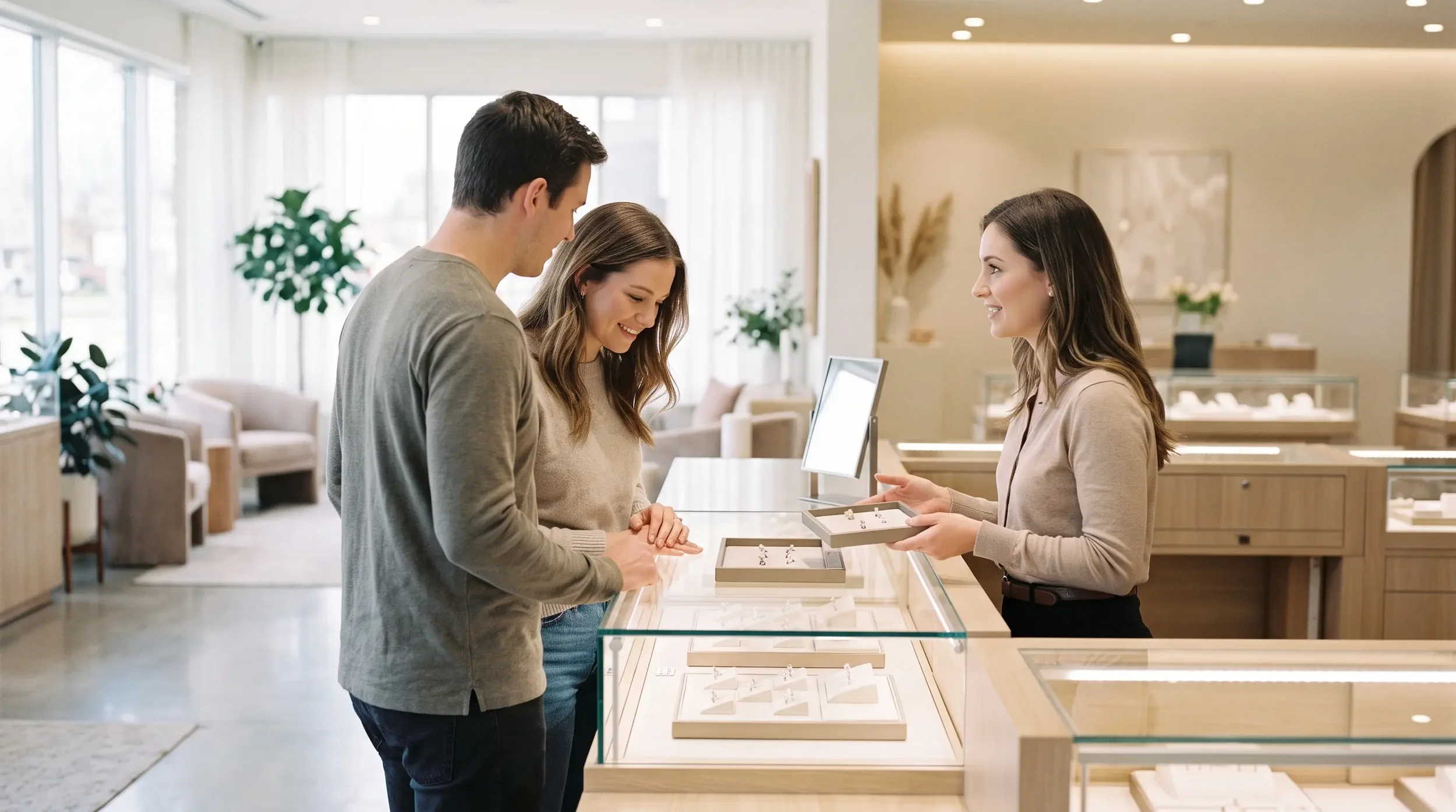 A couple choosing an engagement ring with a consultant in a bright showroom.