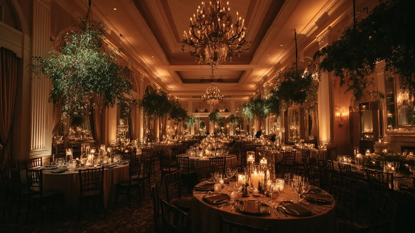 Elegant wedding reception glowing under warm amber uplighting with a hanging greenery installation and candlelit tables.