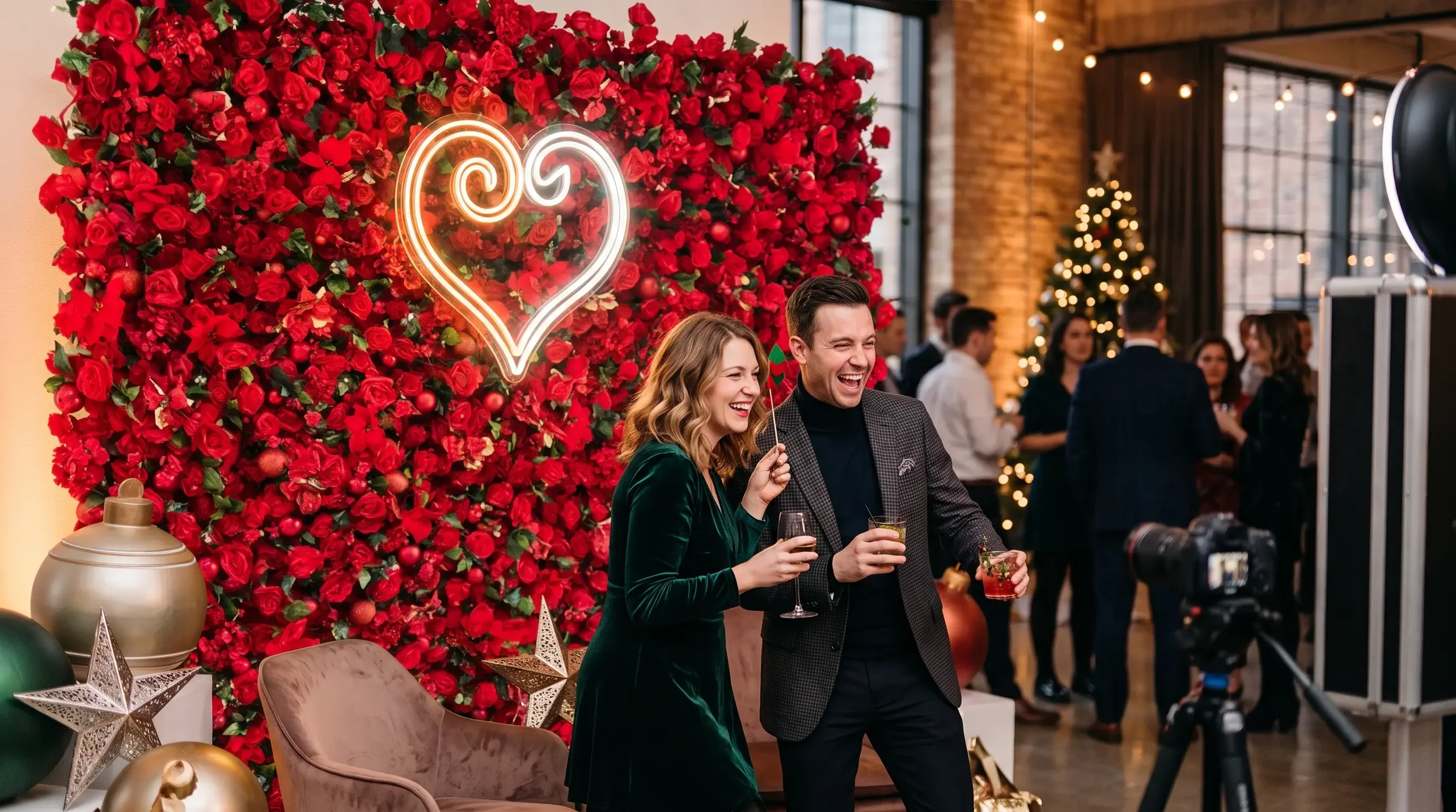 Colleagues posing in front of the Boxwood Rose red Christmas photo backdrop with a warm neon glow at a holiday party.