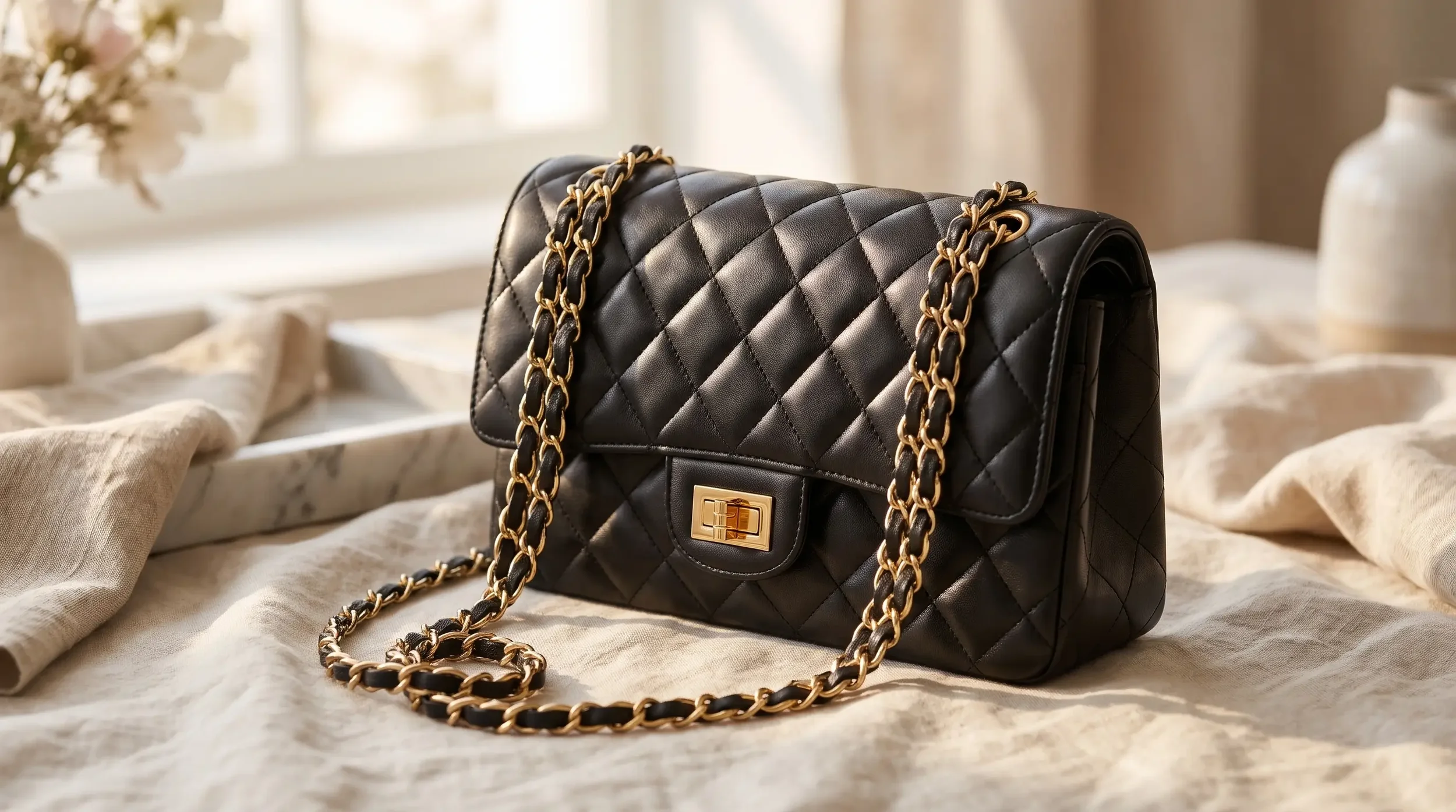 A quilted black designer handbag with a gold chain strap on a soft neutral surface.