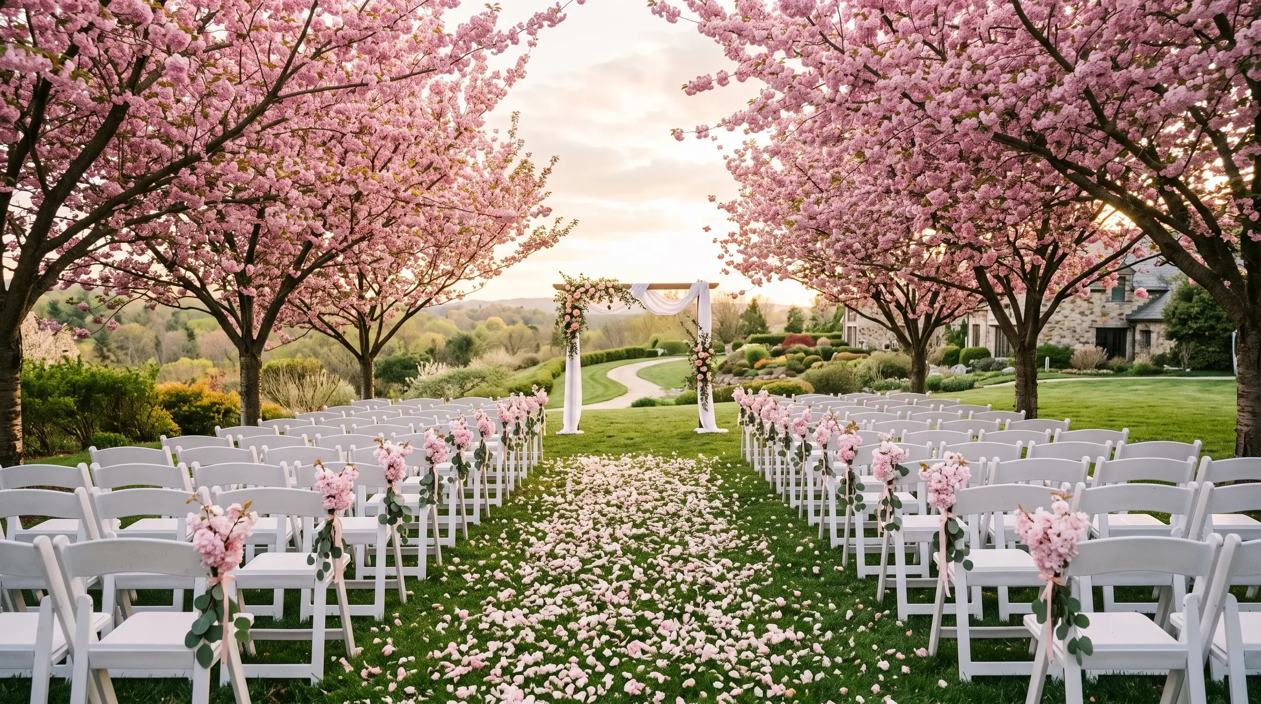 An outdoor wedding aisle lined with blooming pink cherry trees and scattered petals.