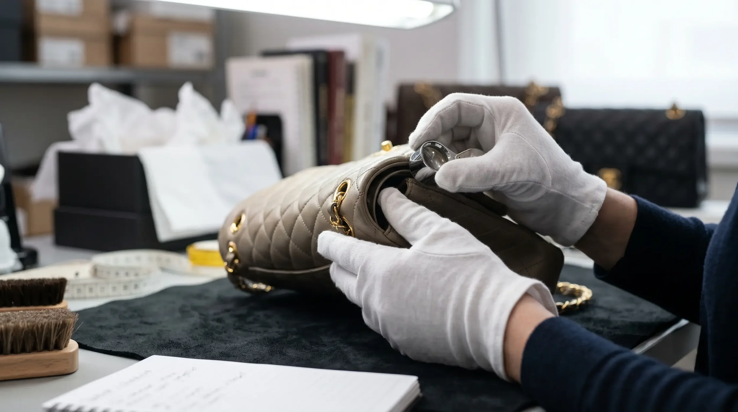 Gloved hands inspecting the stitching and hardware of a quilted luxury handbag.
