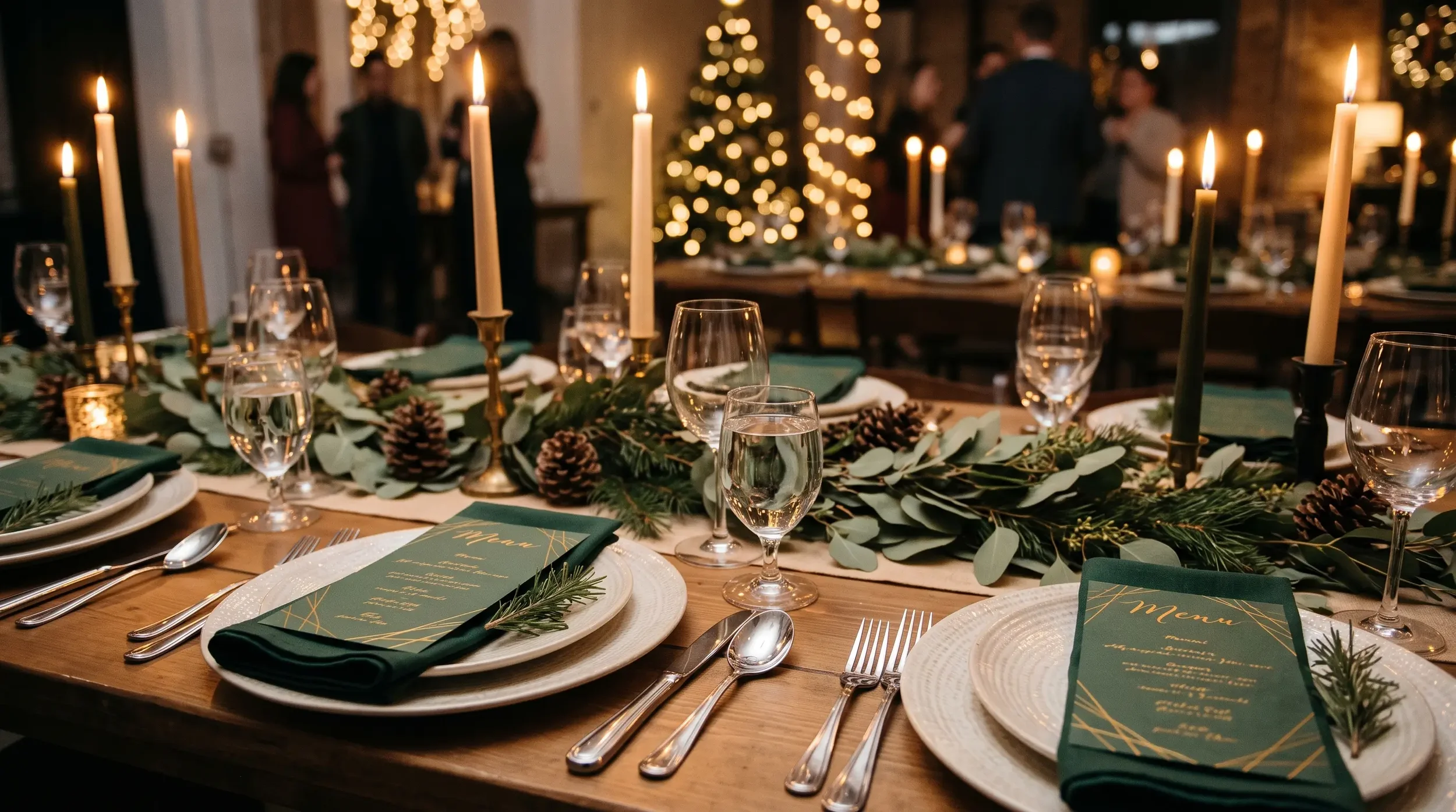 Holiday dinner table with greenery runner, candles and place cards at a corporate party.