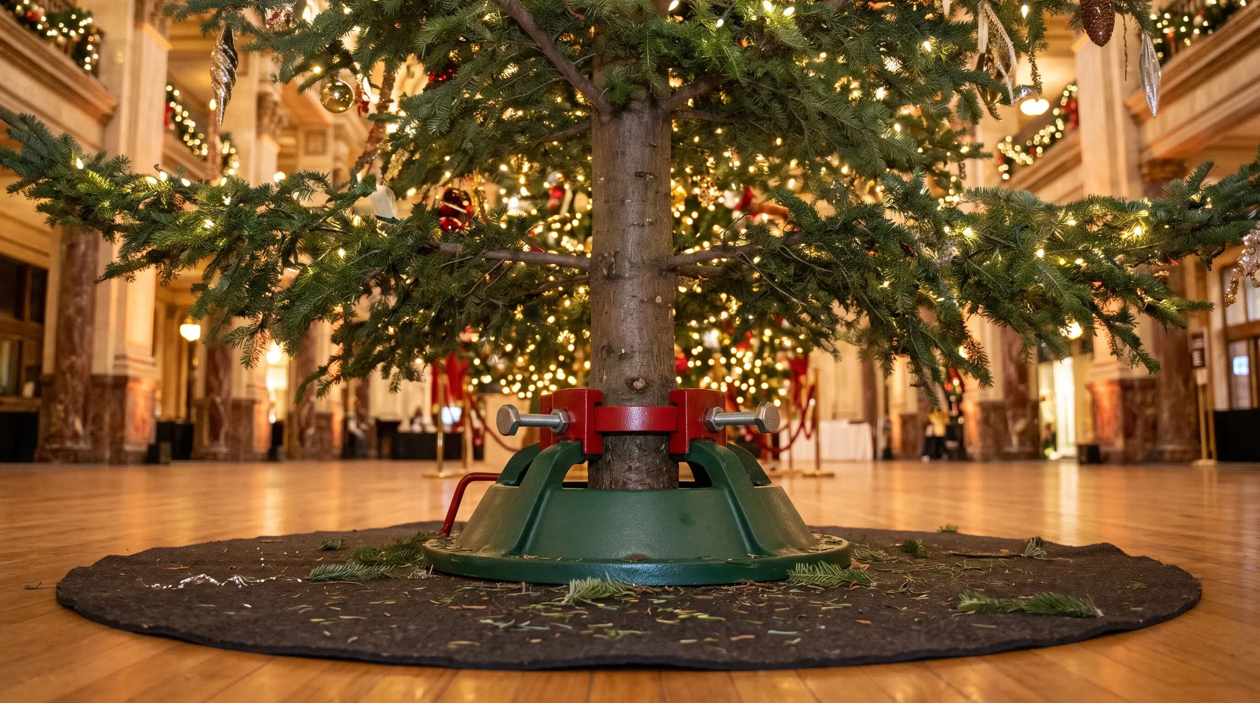 A tall venue Christmas tree centered in a heavy-duty water-holding stand on a protective mat.