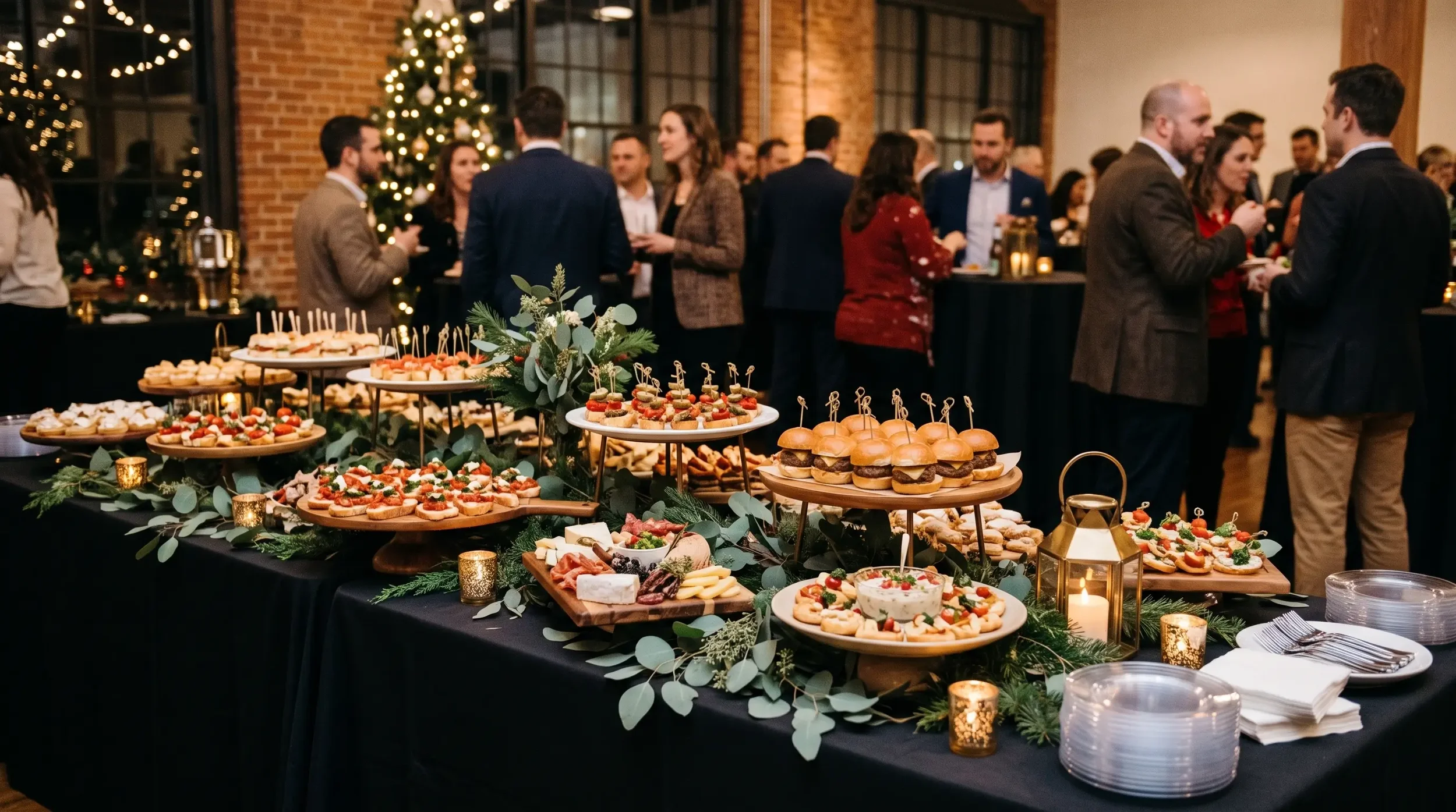 A festive buffet and canapé station with greenery accents at a corporate holiday party.
