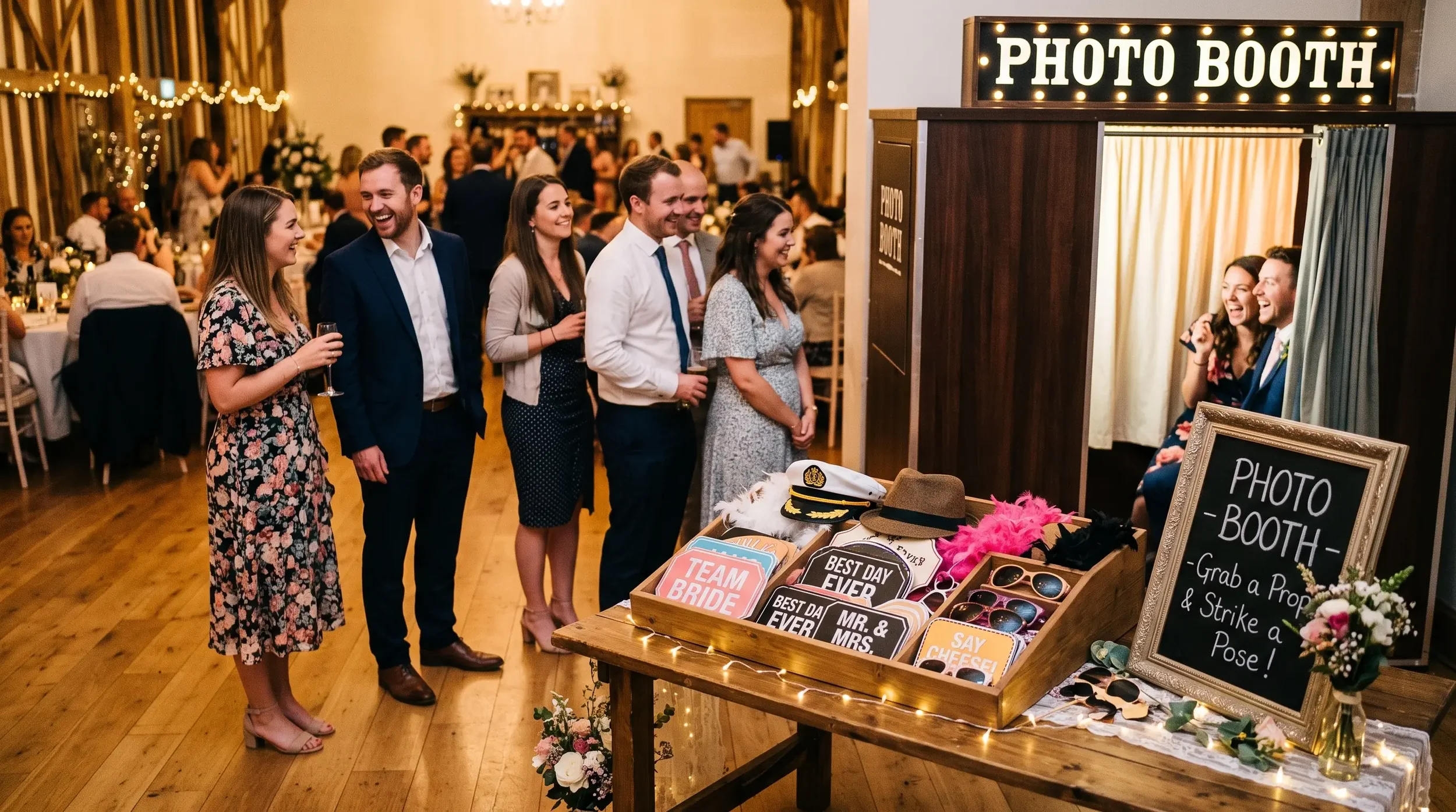 A shallow props tray at a photo booth entrance with a short guest line, illustrating a one-way guest flow.