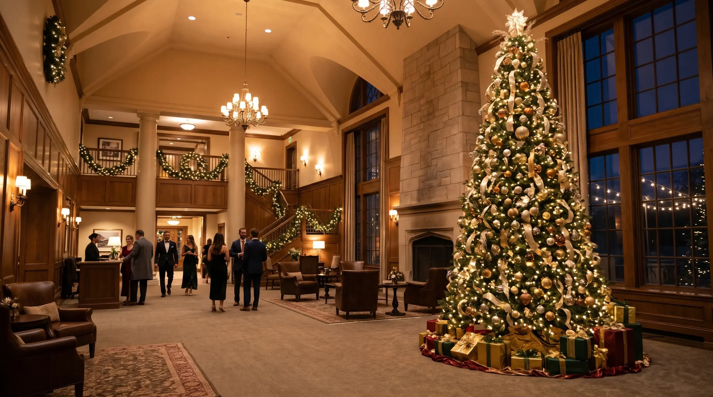 A tall decorated Christmas tree anchoring an upscale venue lobby as guests arrive.