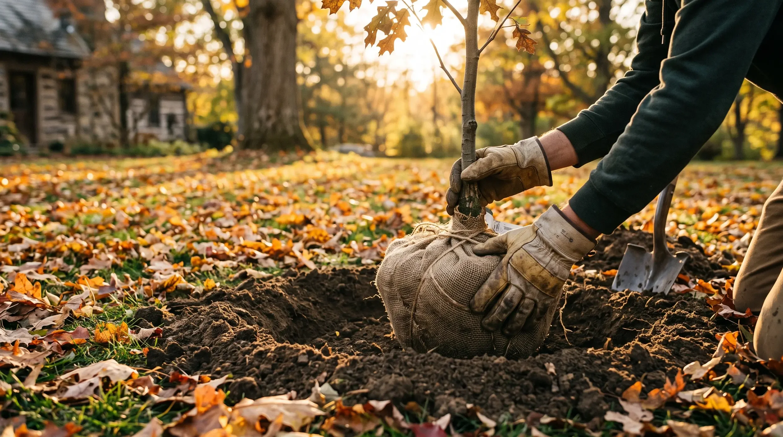 Gloved hands planting a young flowering tree on venue grounds on an autumn afternoon.