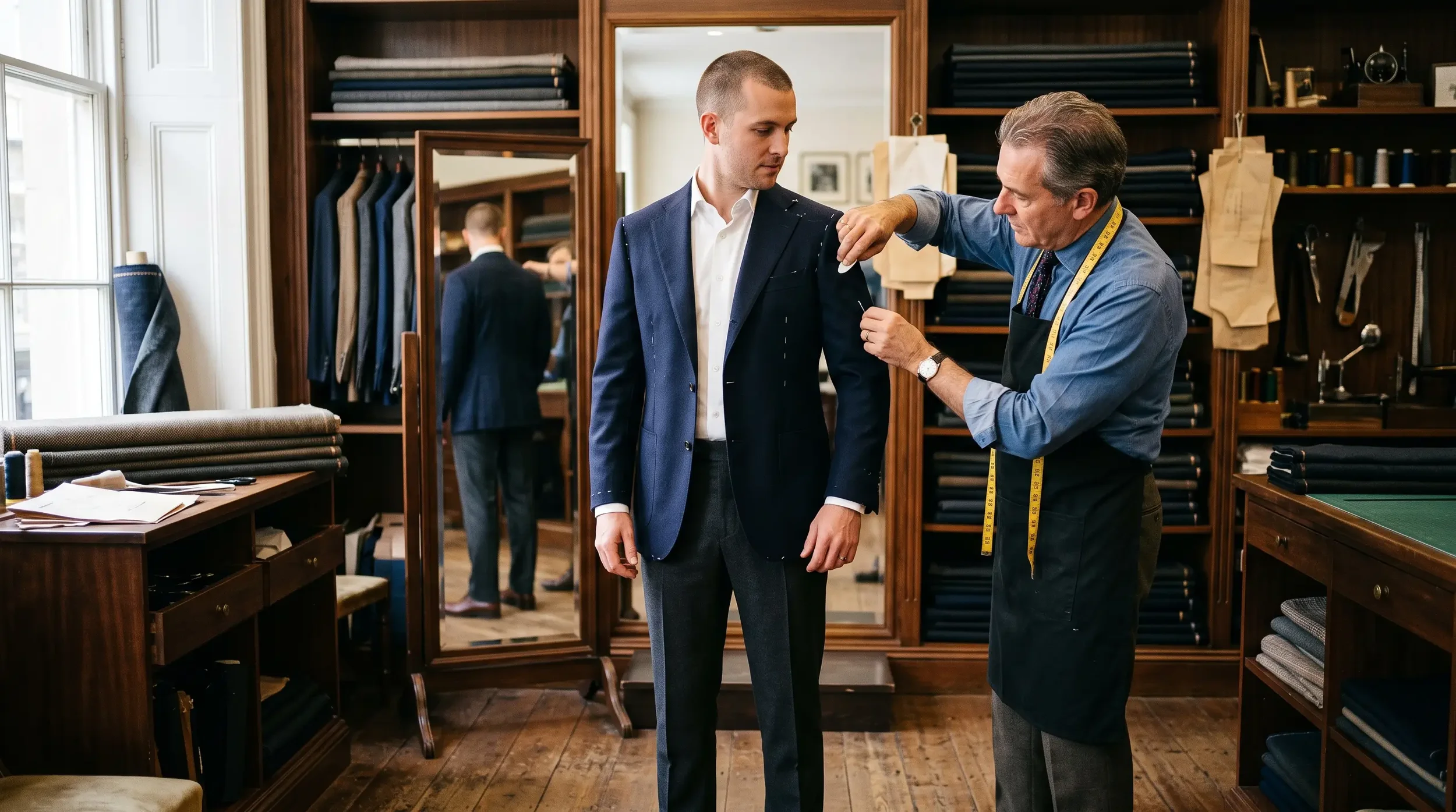 A tailor pinning and marking a jacket on a groom during a custom wedding suit fitting.