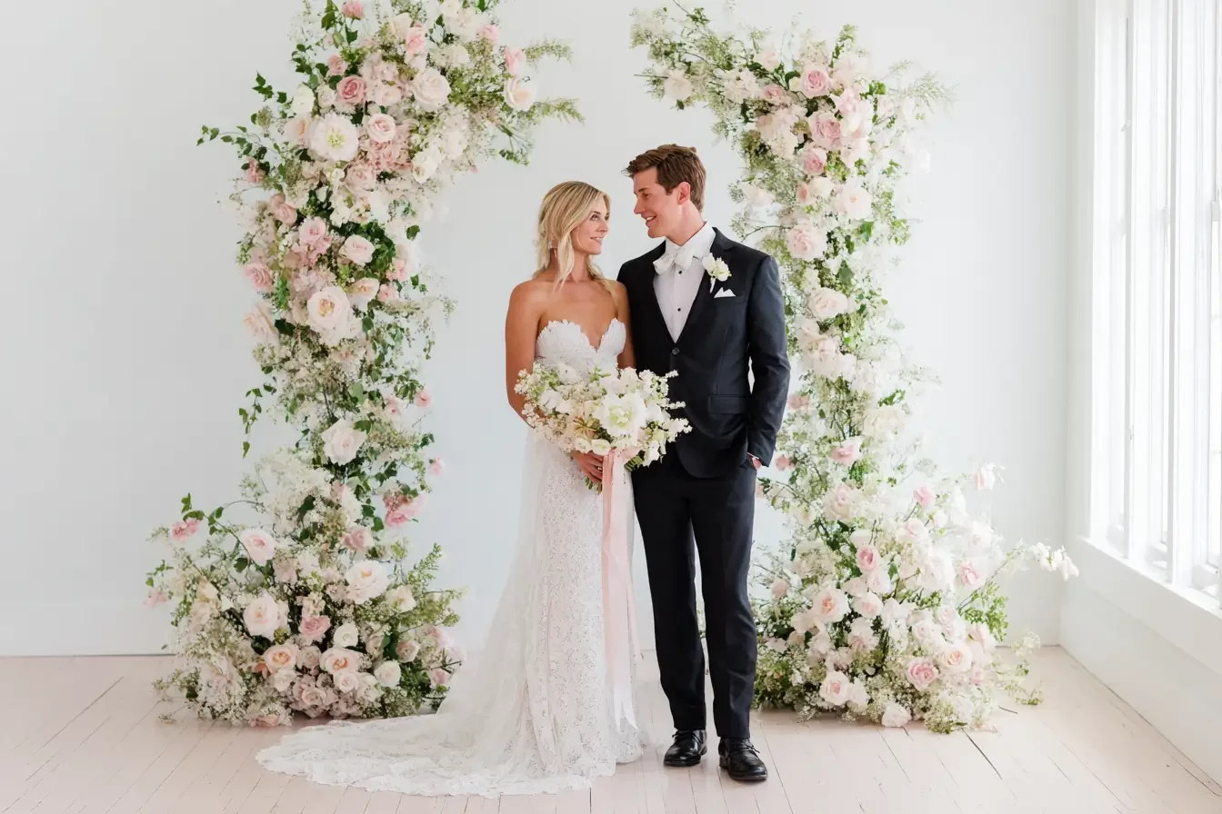 Lush blush and greenery floral ceremony backdrop arch in soft daylight, styled as a focal point for wedding photos.