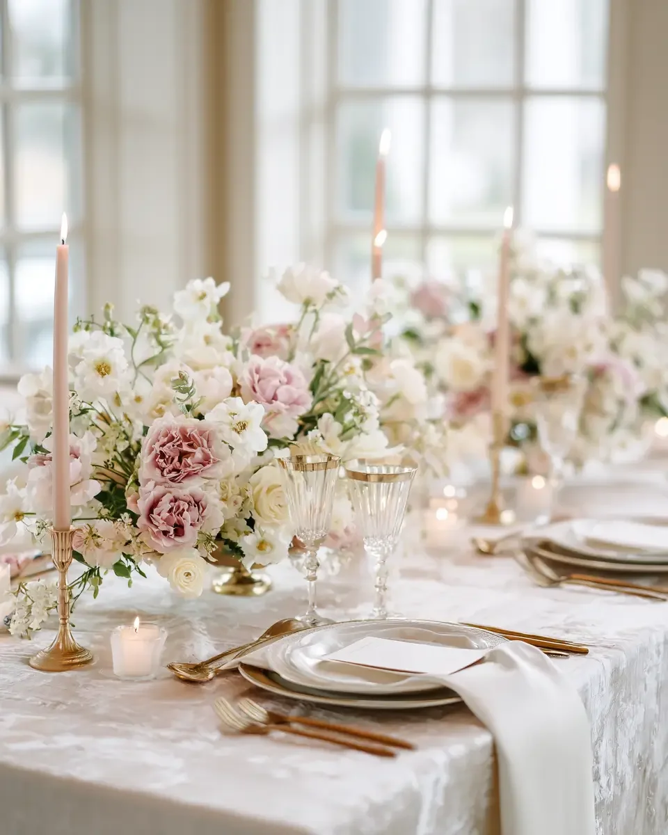 Refined wedding tablescape in ivory, blush, and sage with low florals, taper candles, and gold flatware on textured linen.