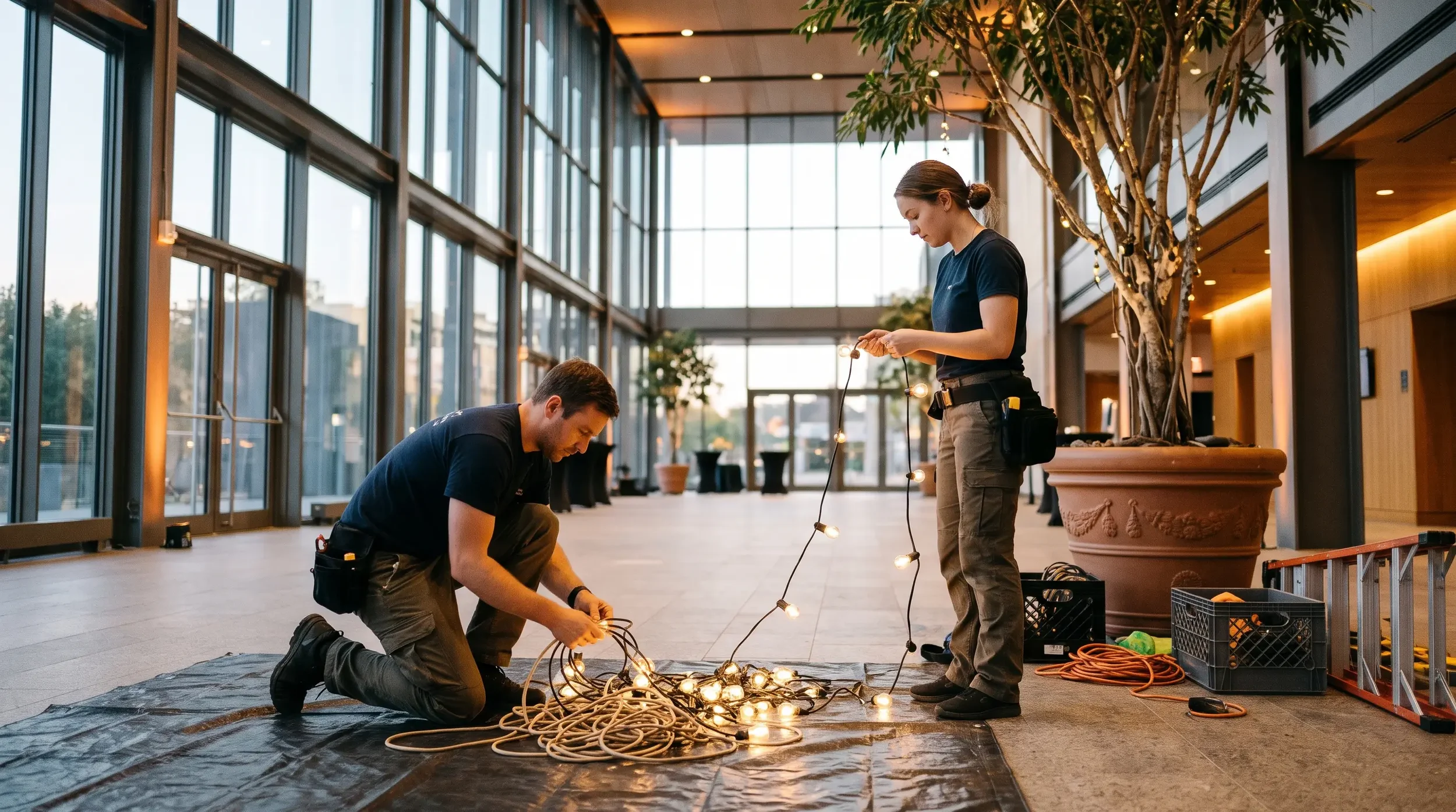Event staff checking lights before decorating a large tree in a corporate event space.