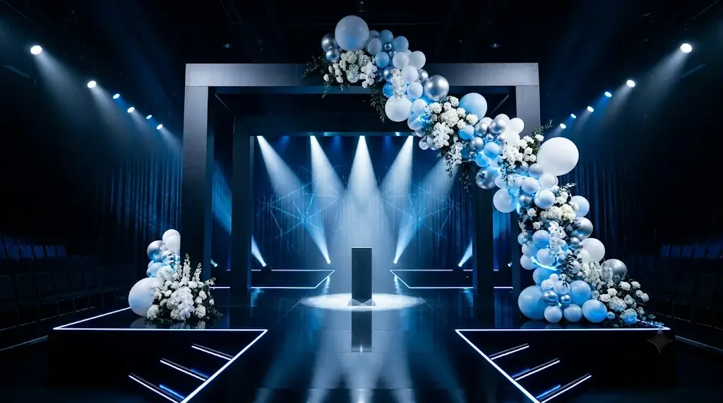 Blue-lit product reveal stage with branded balloon and floral installation showing immersive product launch event design