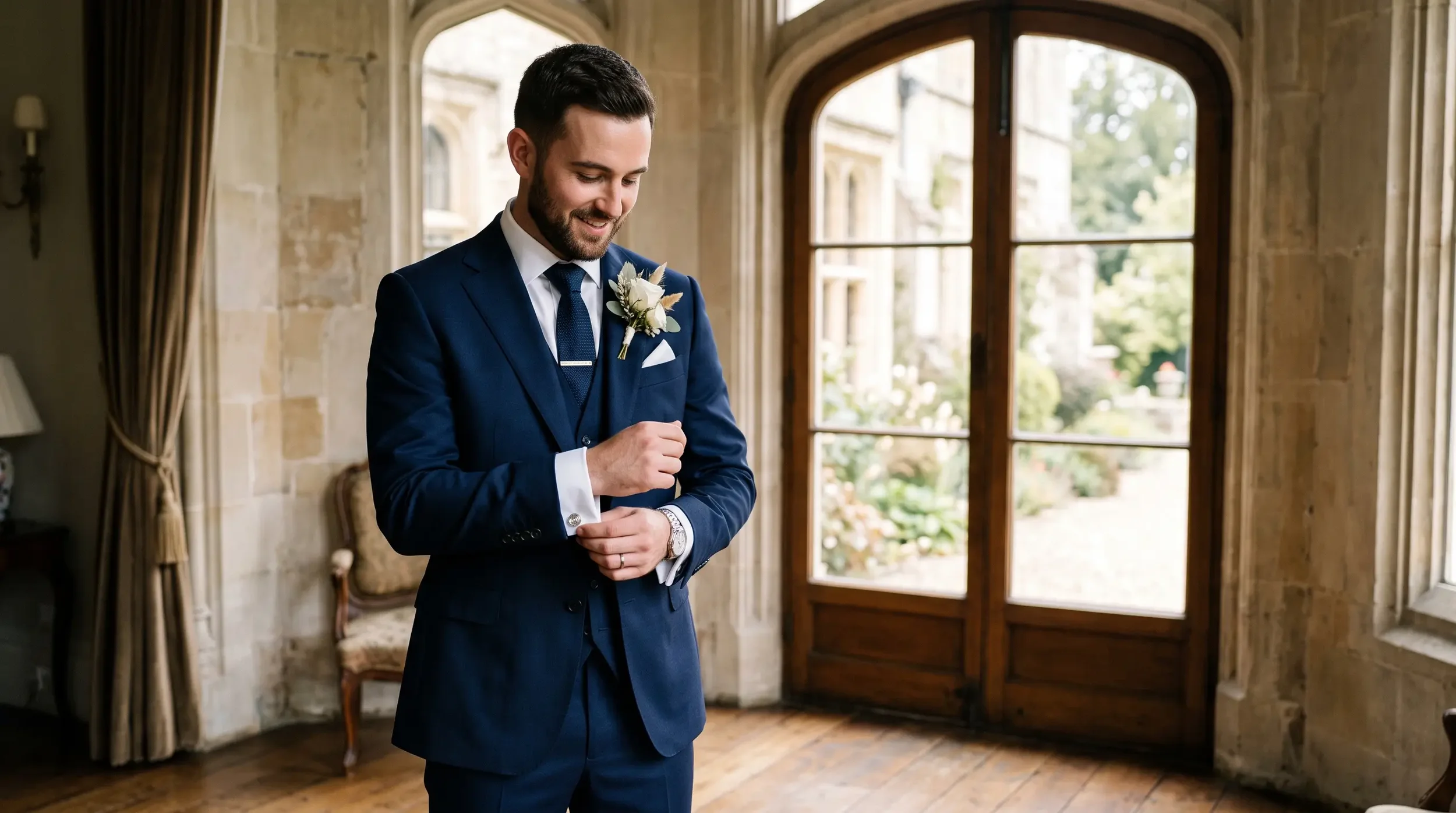 A groom in a sharply tailored navy custom wedding suit adjusting his cuff in soft natural light.