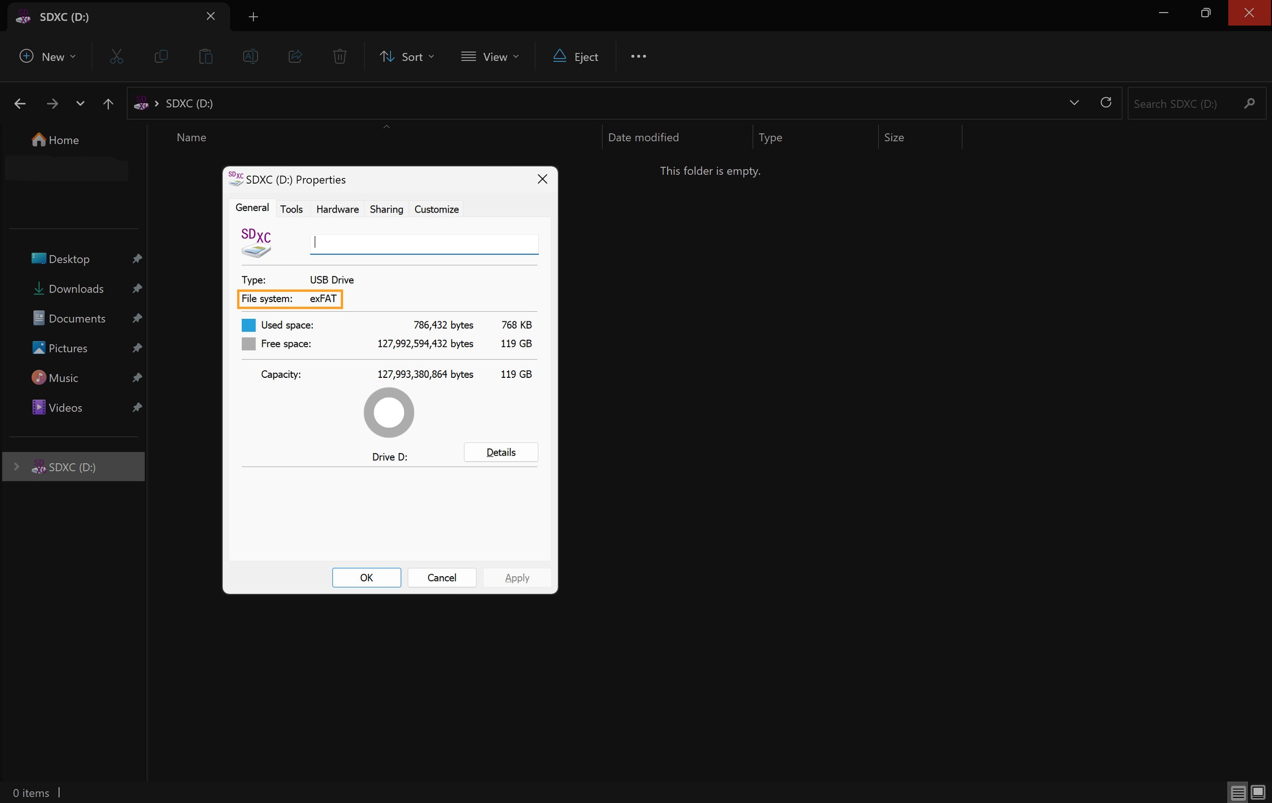 Viewing your drive's properties to determine its file format.