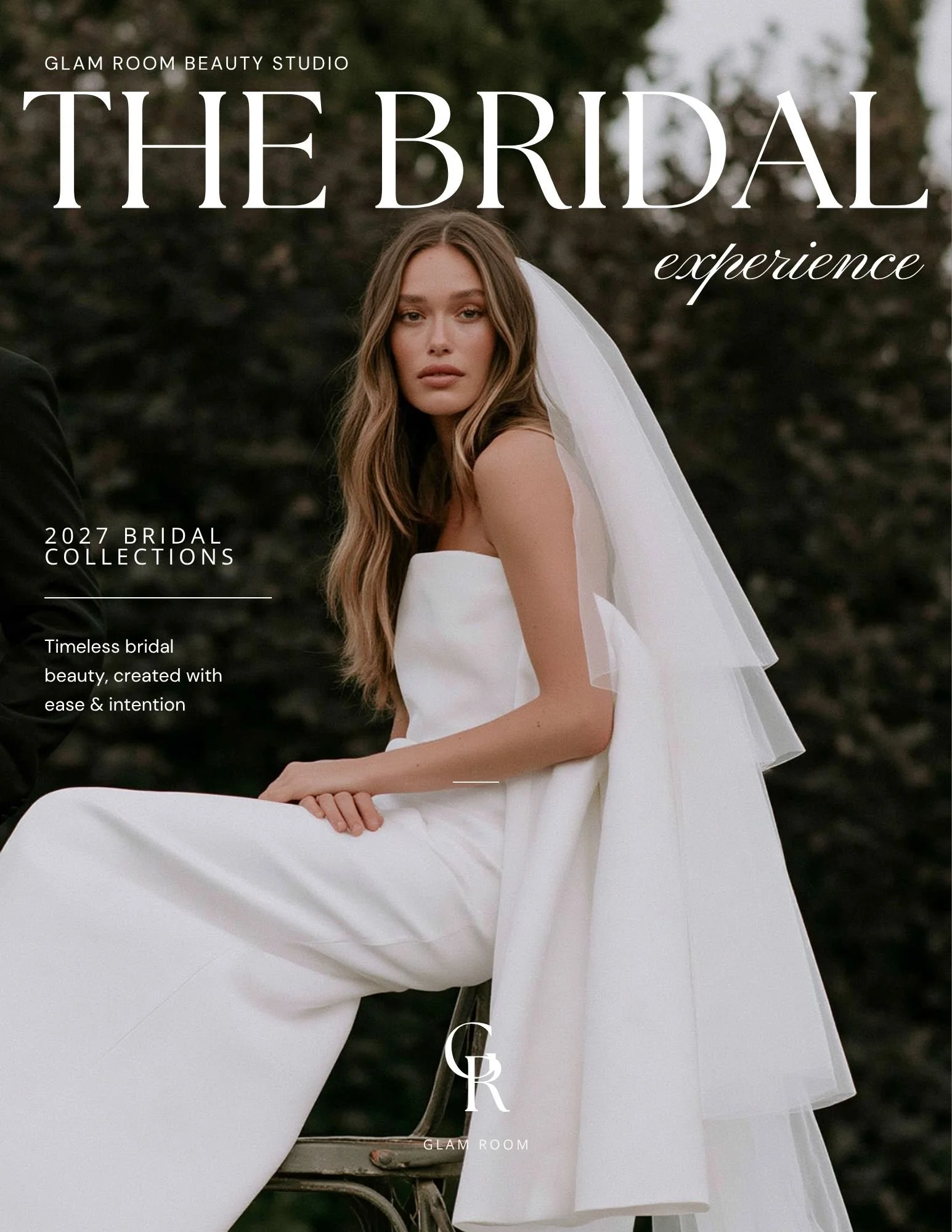 Model in wedding dress sitting outdoors with a background of trees, promoting a bridal collection for 2027.