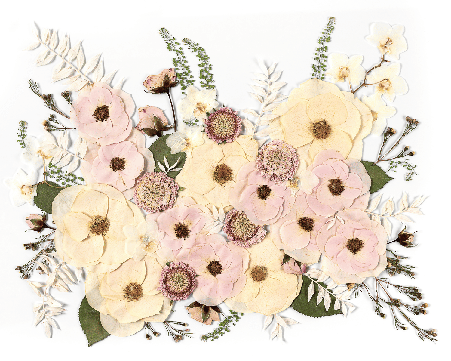 Pink and White Pressed Flower Wedding Bouquet Design