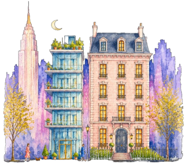 Colorful cityscape at night featuring a pink brick building with multiple windows, a modern glass apartment with balconies full of plants, surrounded by trees with autumn foliage, the Empire State Building in the background, a crescent moon in the sky, and two pedestrians walking along the sidewalk.