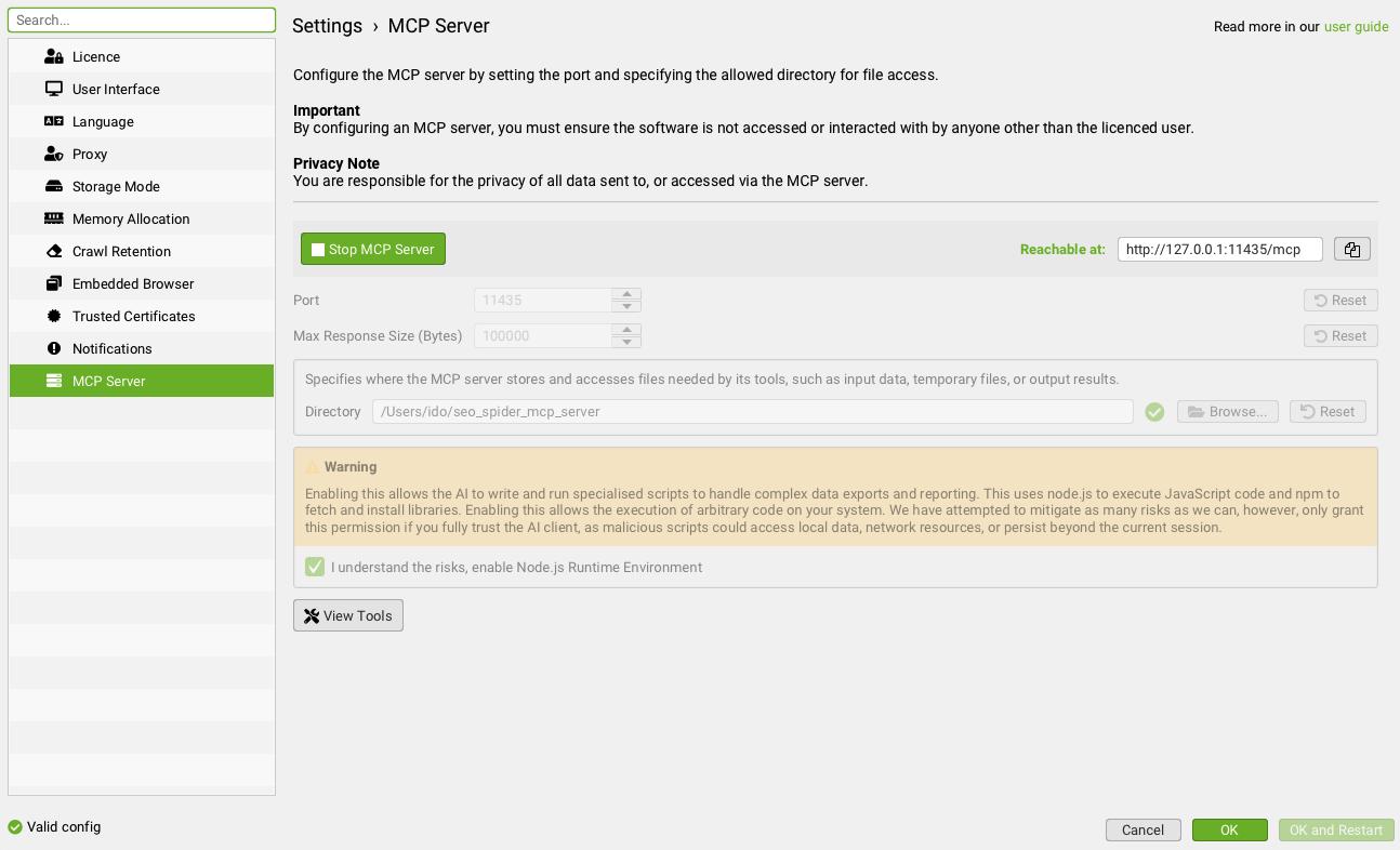 Enable Screaming Frog MCP