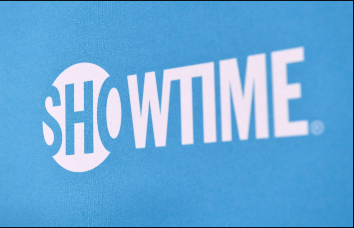 Close-up of the white Showtime logo on a blue background.