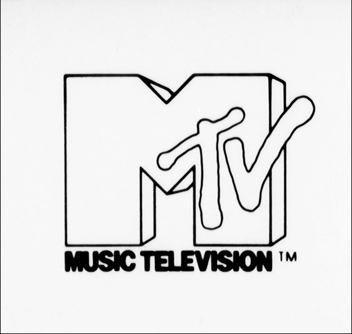 Black and white logo of MTV, with the letters 'MTV' inside a three-dimensional block, and the words 'Music Television' below.