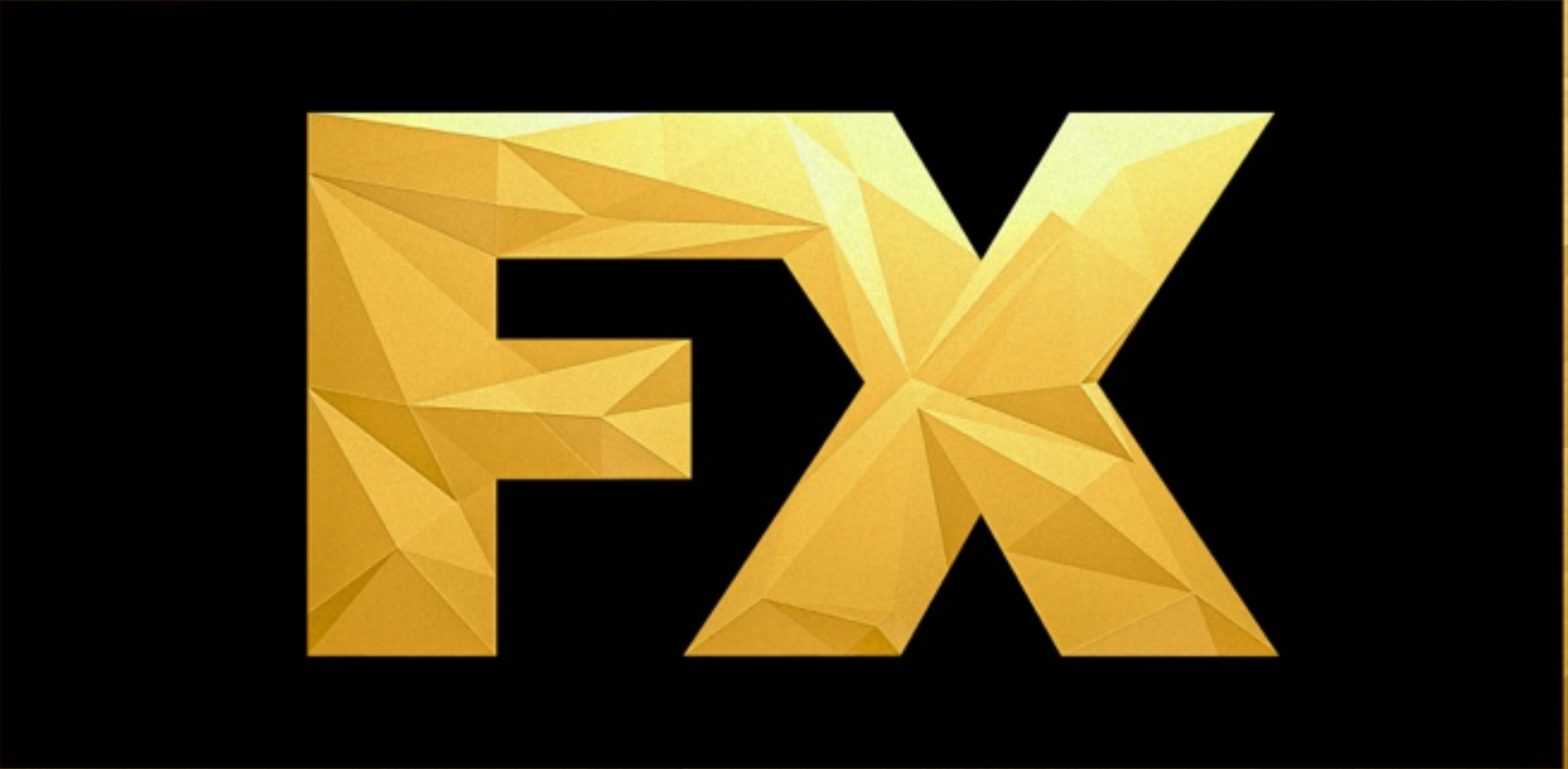 Gold geometric FX logo on black background.