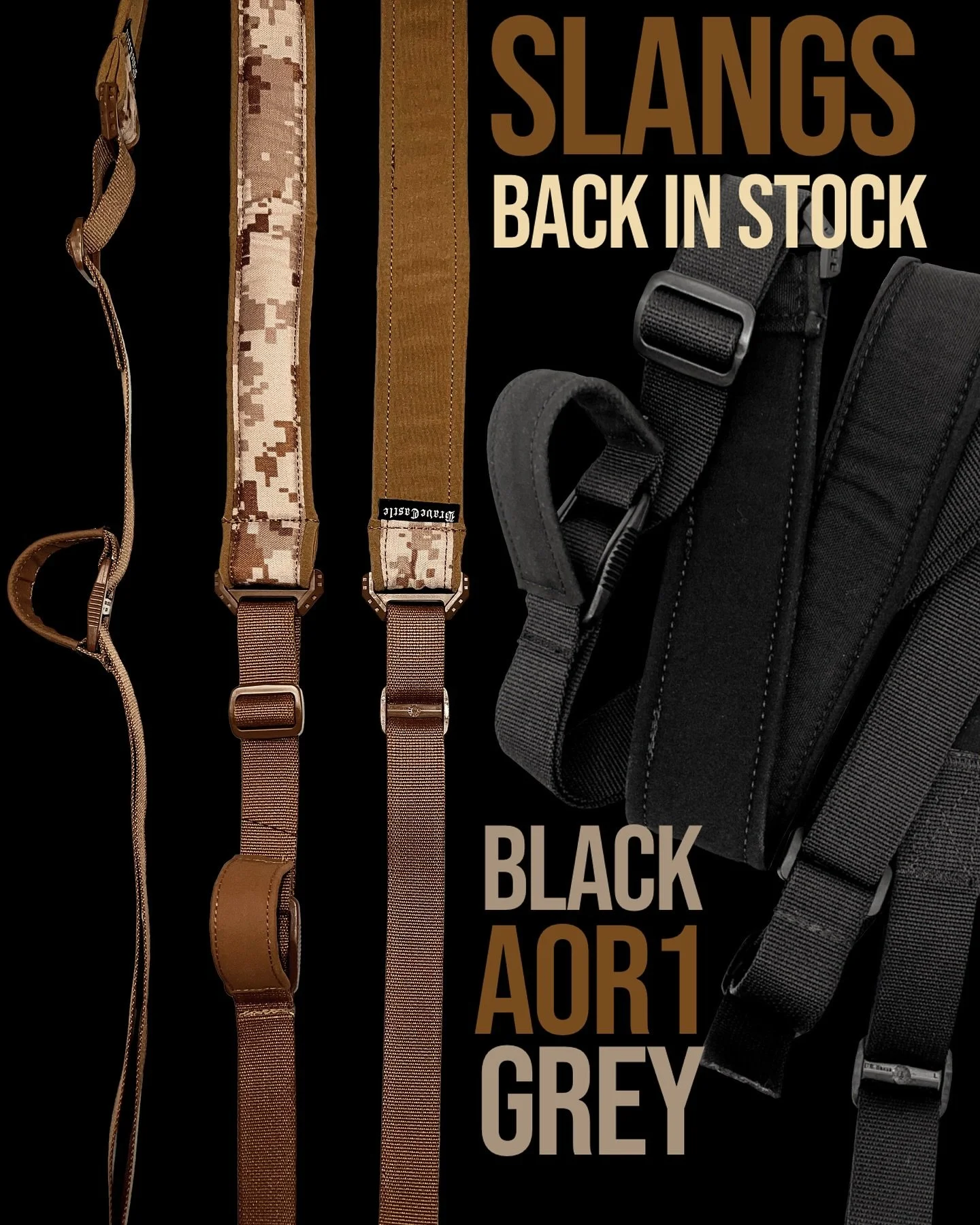 Back in Stock
Brave Slangs are here again &mdash; now available in Black AOR1 and Grey.

&bull; Ridged thumb loop for fast, positive adjustment
&bull; Reverse-pull design for easier resizing on the move
&bull; Padded shoulder pad for comfort under lo