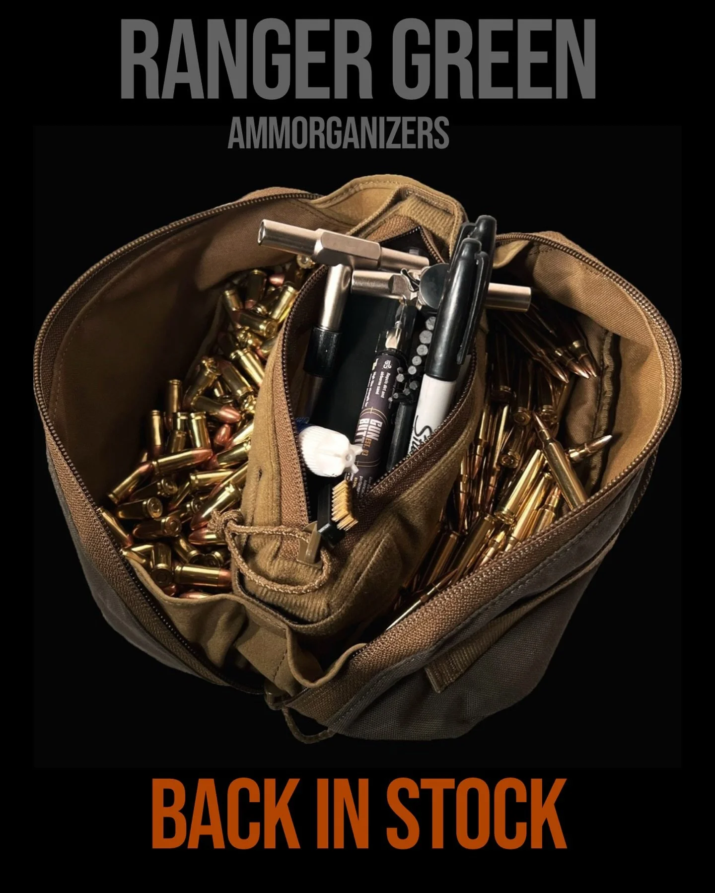 The ultimate ammo bag is back in ranger green. Hold 1k 9mm, 450 556, mix-match and organize. Grab one with a modular inner tool bag or just run it as giant ammo bucket. Lug it around the range with its carry handle and protect the content with its pa