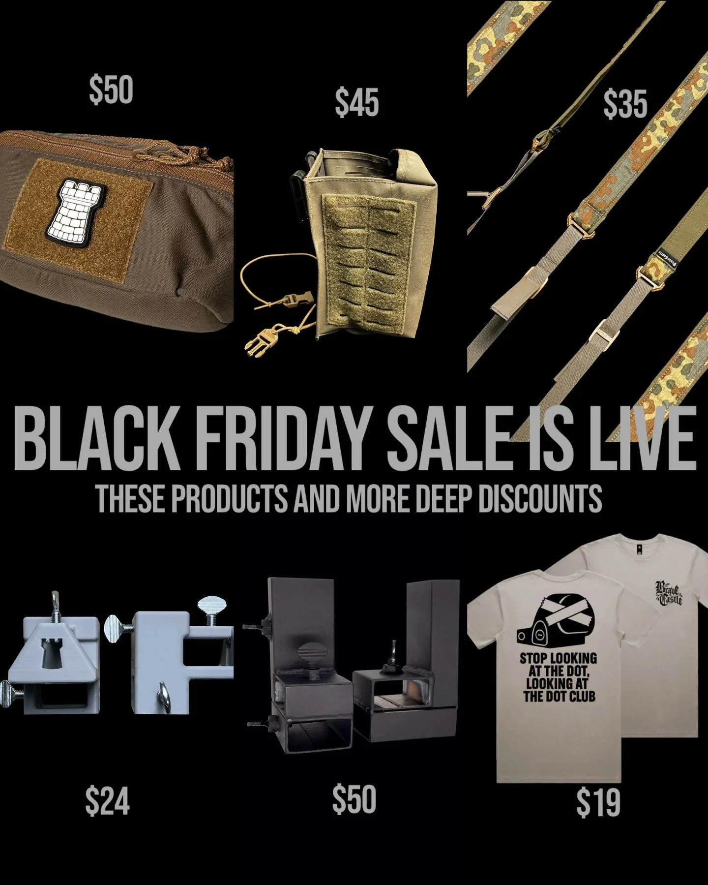 The horrors of Black Friday are upon us. This is the biggest sale Brave Castle has done to date. The raid is on and great gear is flying off the shelves. Go get a chest rig for $99! Spend $150 and be entered to win a limited Reaper Water bottle.